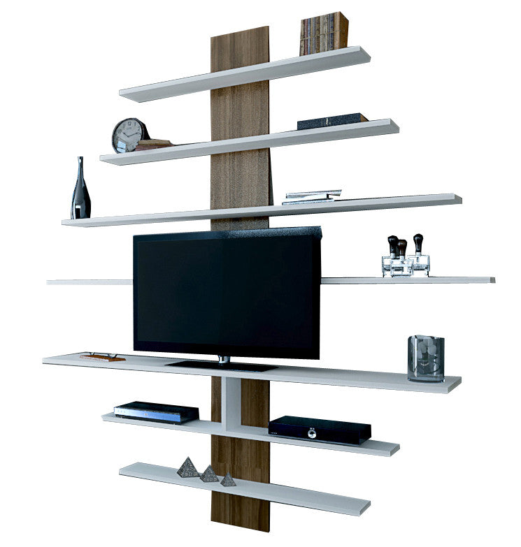 Móvel de TV moderno – 160 x 160 x 30 cm – Branco e Nogueira – Aglomerado revestido a melamina