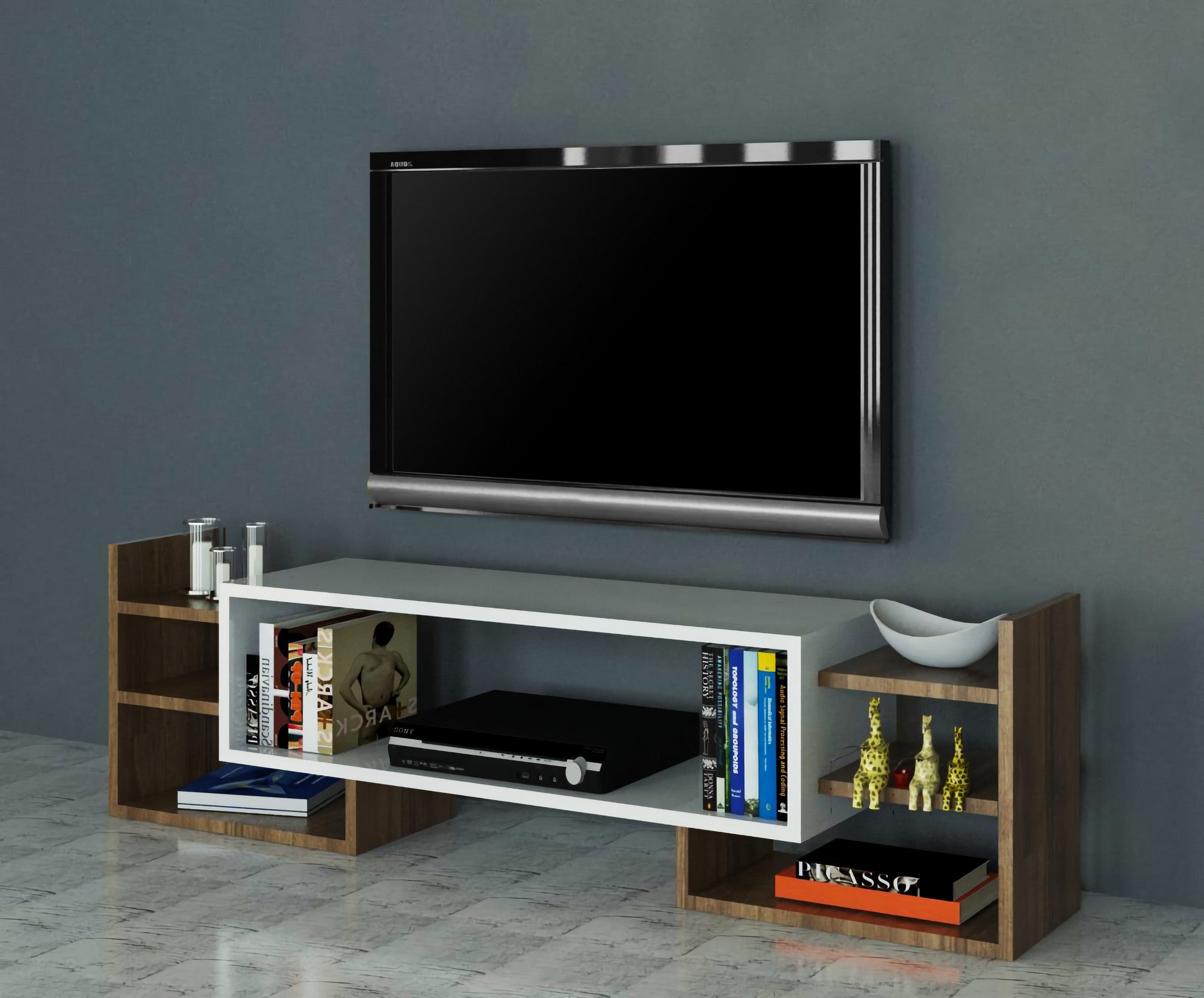 Móvel de TV – 115 cm – Branco e Nogueira – Painéis de partículas revestidos em melamina