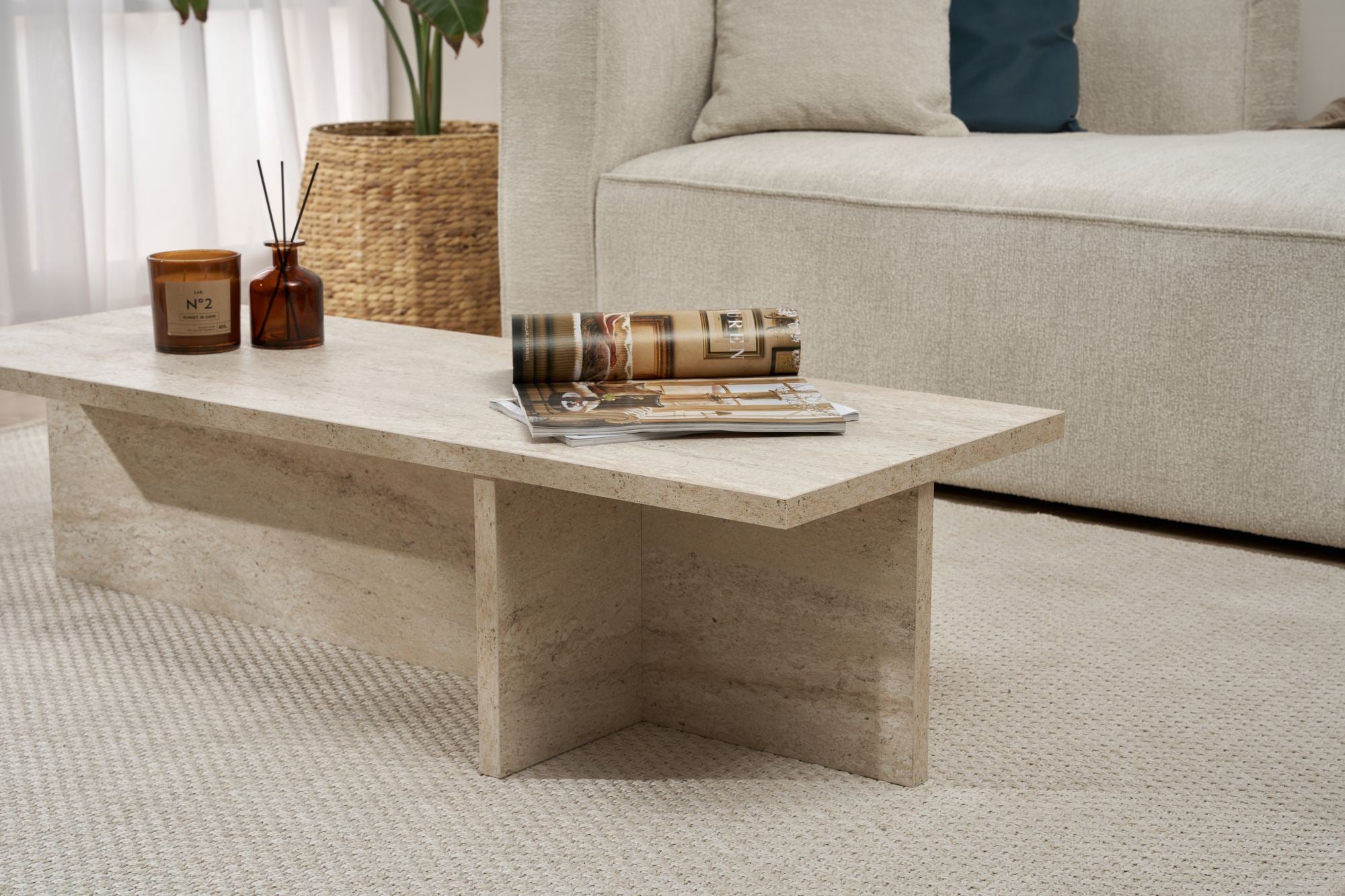 Mesa de Centro – 120cm x 30cm x 45cm – Travertino – MDF