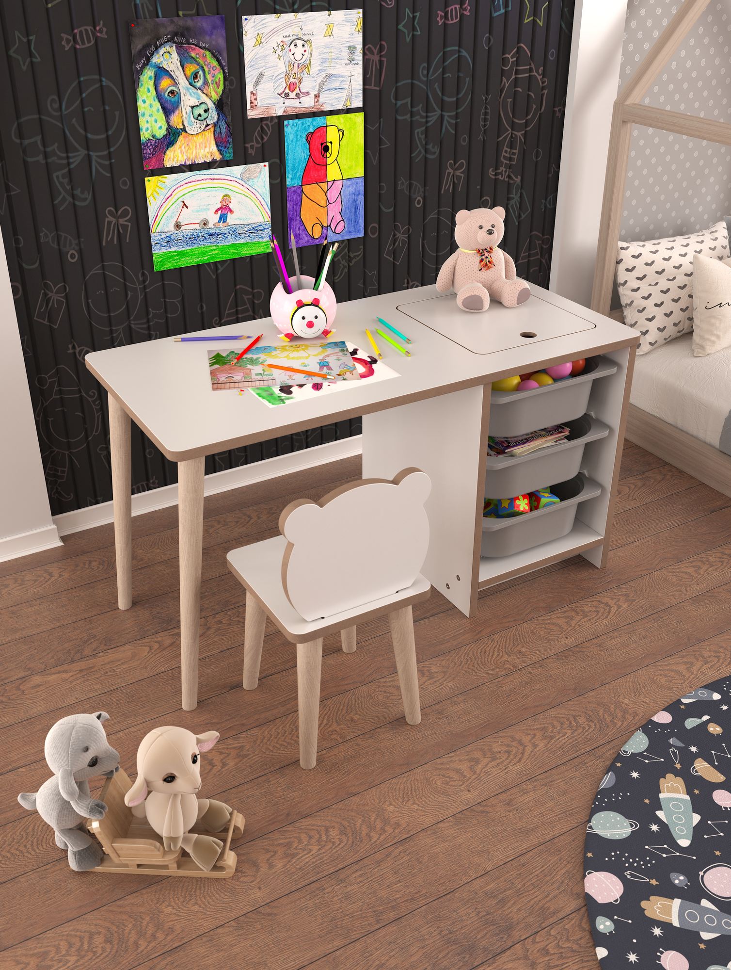 Secretária de Estudo – 90 cm x 50 cm x 42 cm – Branco e Cinza – Painel de partículas e Madeira