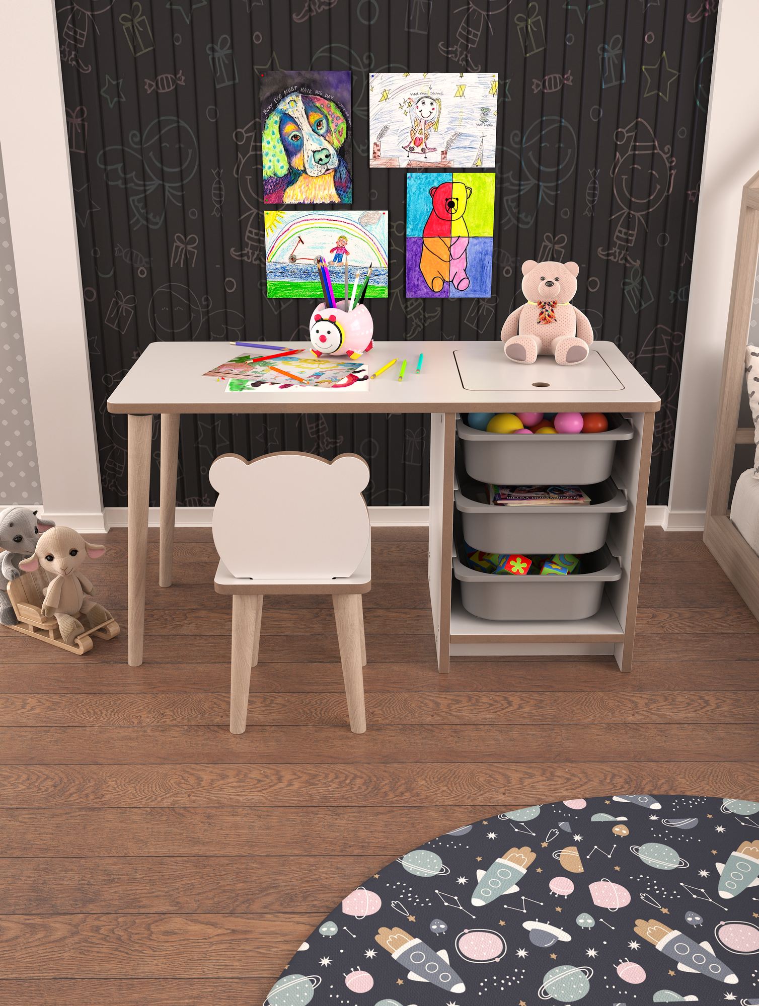 Secretária de Estudo – 90 cm x 50 cm x 42 cm – Branco e Cinza – Painel de partículas e Madeira