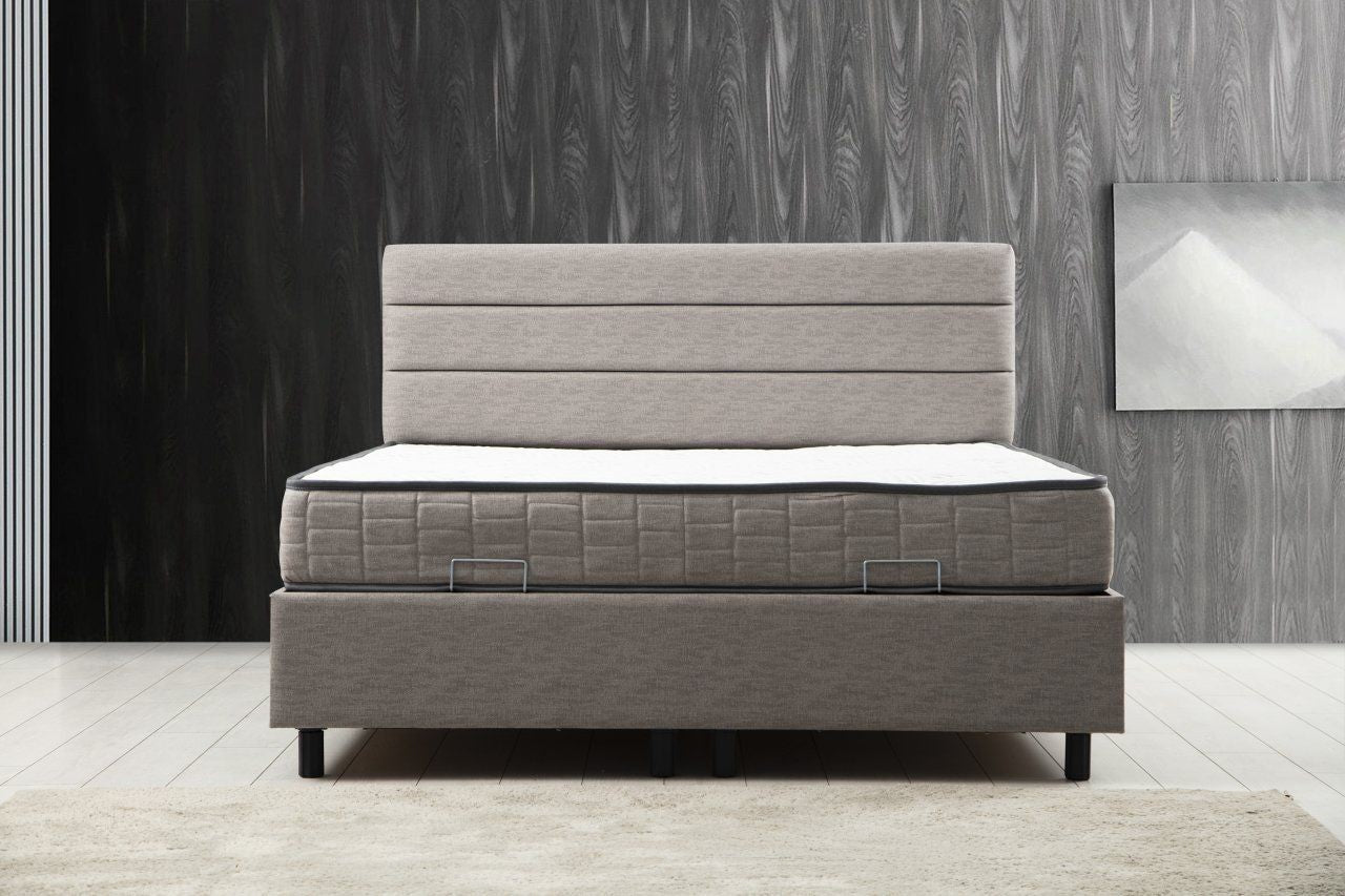 Colchão de casal, base e cabeceira – 150 cm x 200 cm – Cinza claro – Painéis de partículas