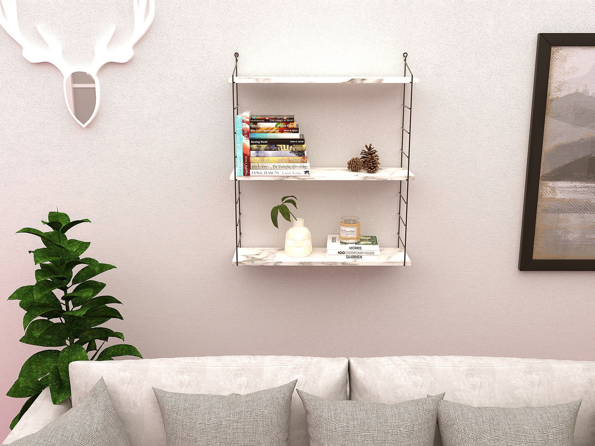 Prateleira de parede – 72 cm x 85 cm x 20 cm – Mármore de Carrara – Painel de partículas revestido a melamina