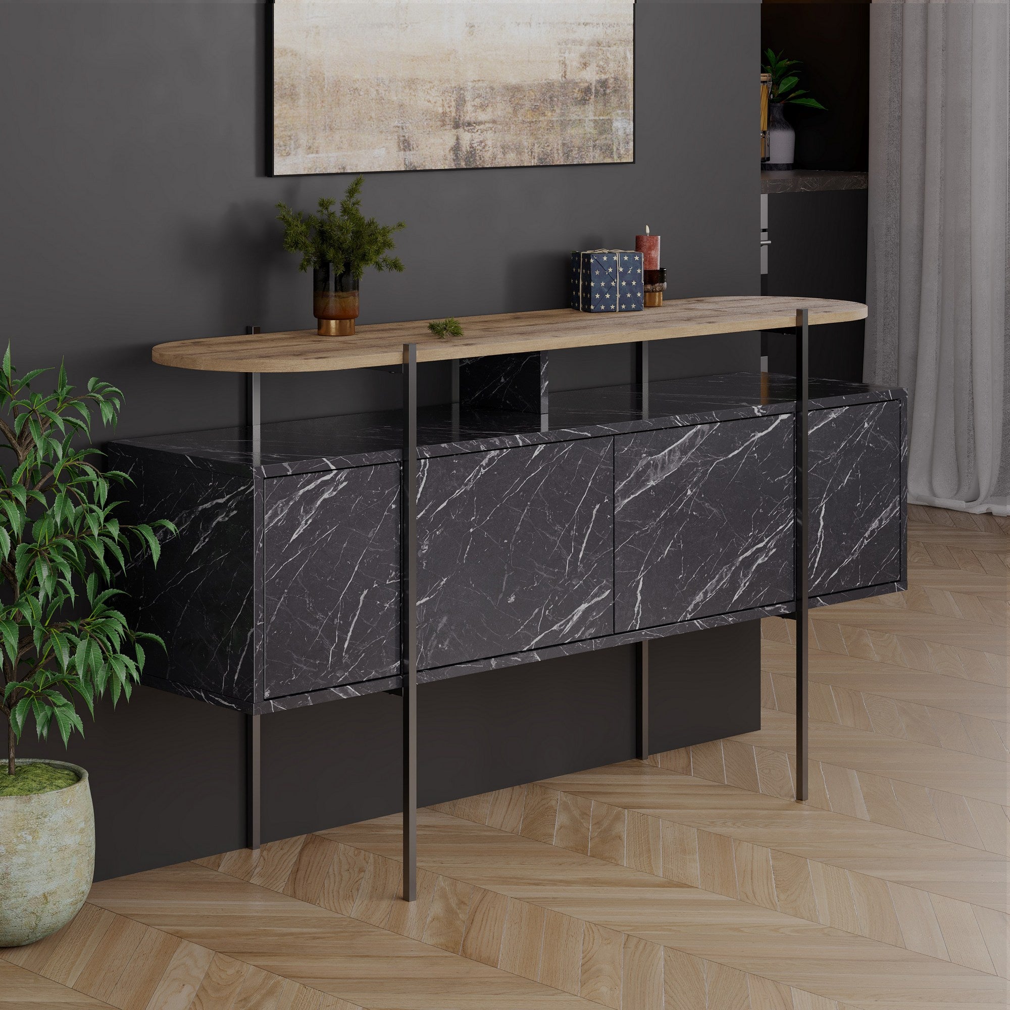 Mesa de Consola Hitit Bendir 150cm - Melamina Premium com Dobradiças Soft-Close