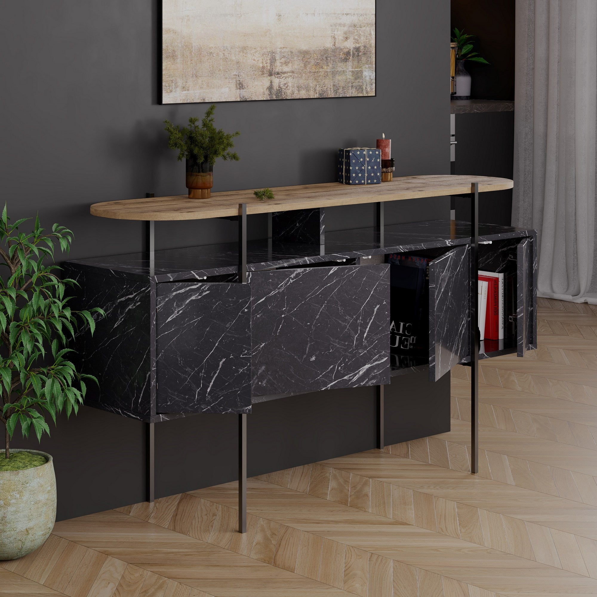 Mesa de Consola Hitit Bendir 150cm - Melamina Premium com Dobradiças Soft-Close