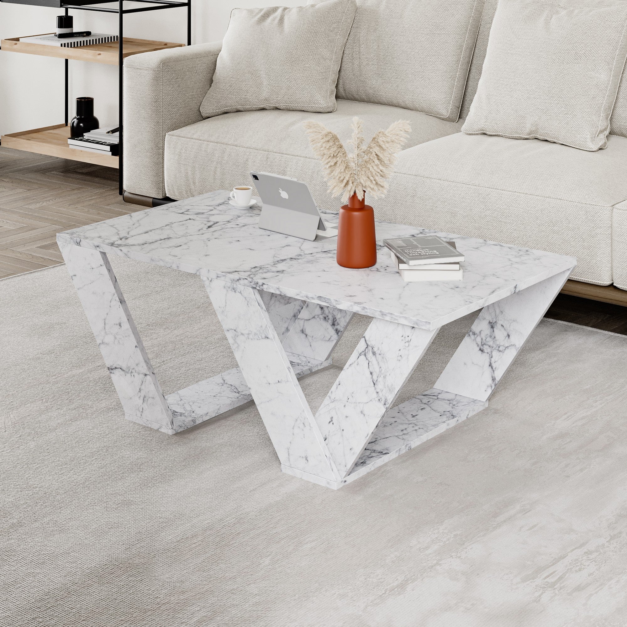 Mesa de Centro – 110cm x 40cm x 60cm – Mármore de Carrara – Painéis de Partículas