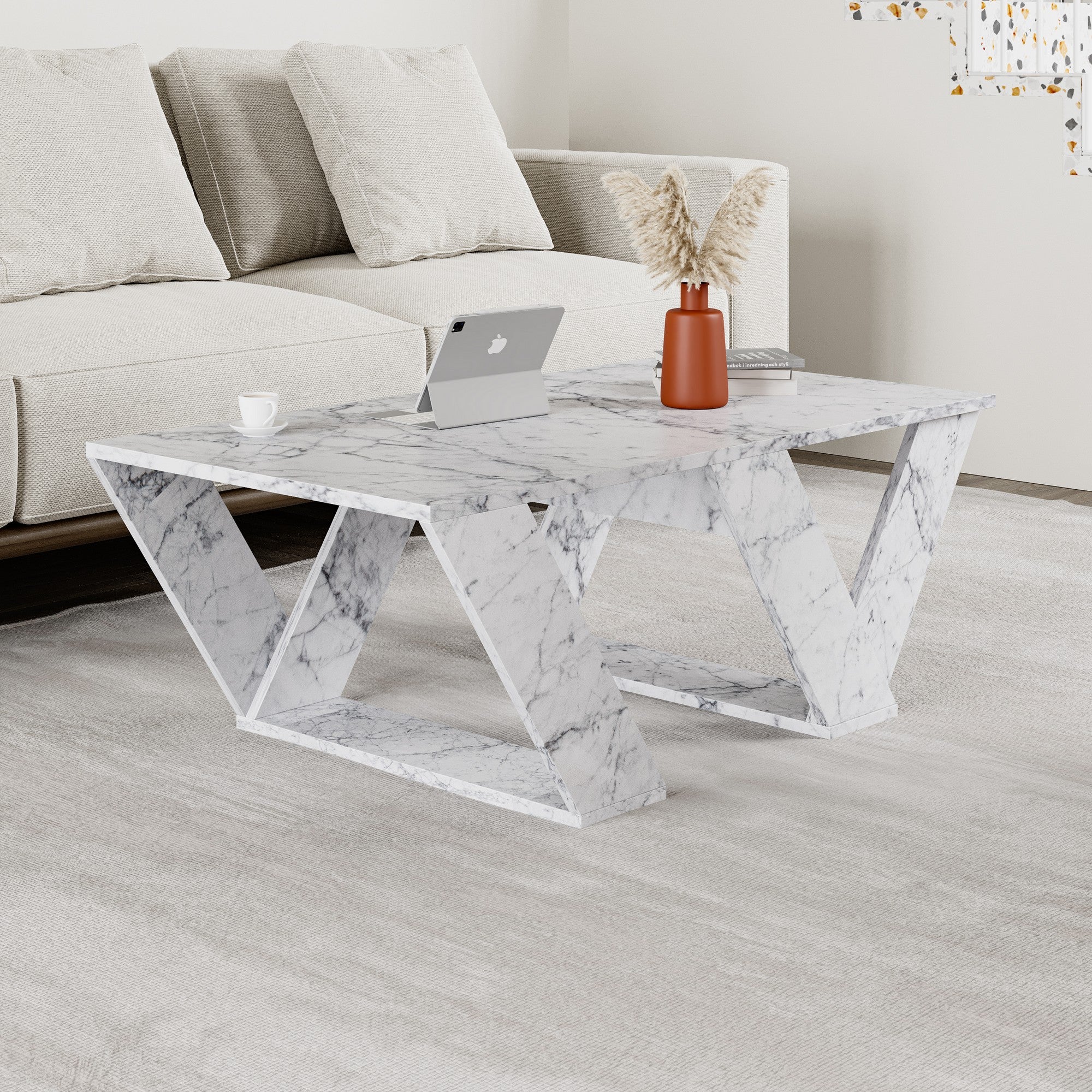 Mesa de Centro – 110cm x 40cm x 60cm – Mármore de Carrara – Painéis de Partículas