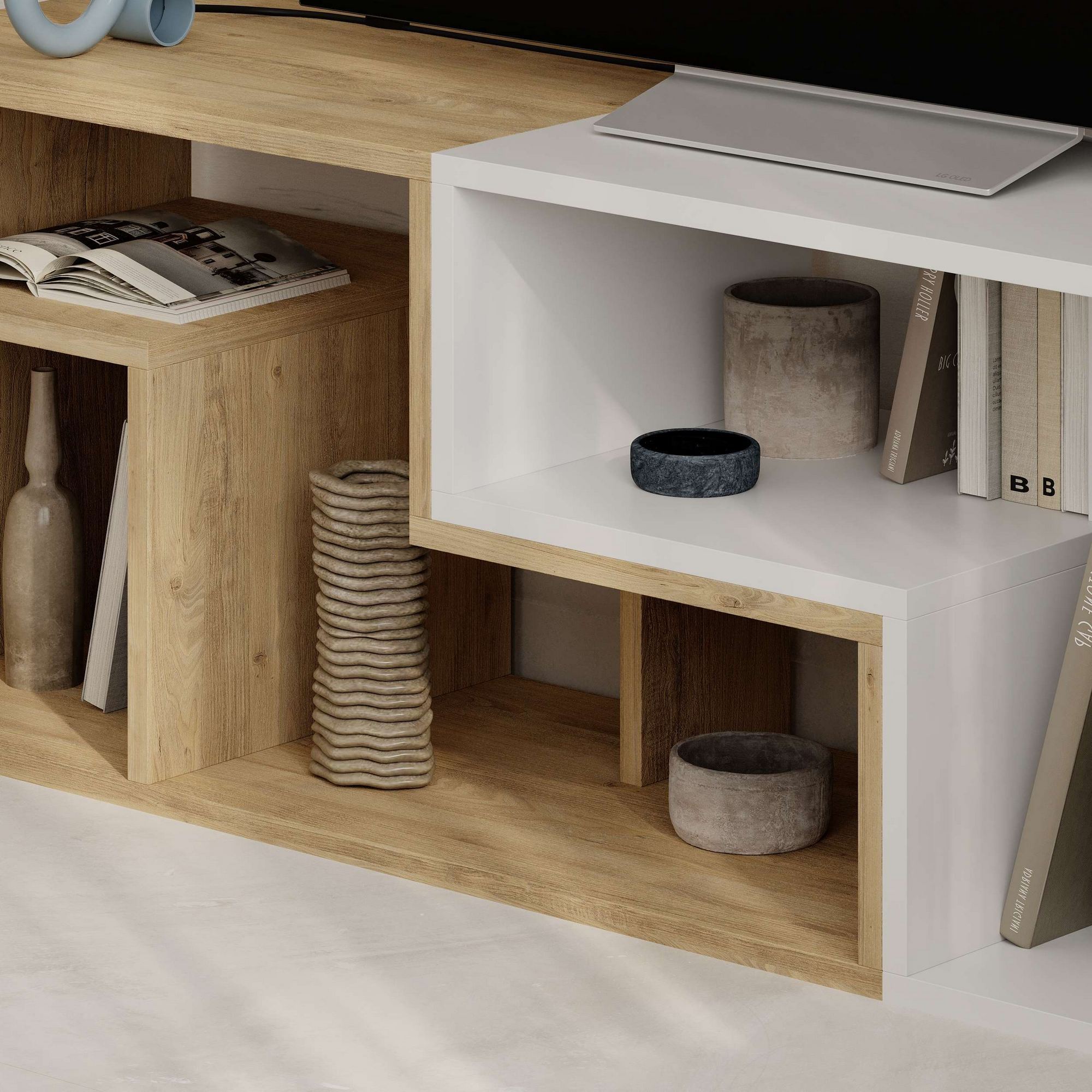 Móvel de TV – 145cm x 44,8cm x 35cm – Carvalho Safira e Branco – Painéis de partículas revestidos a melamina