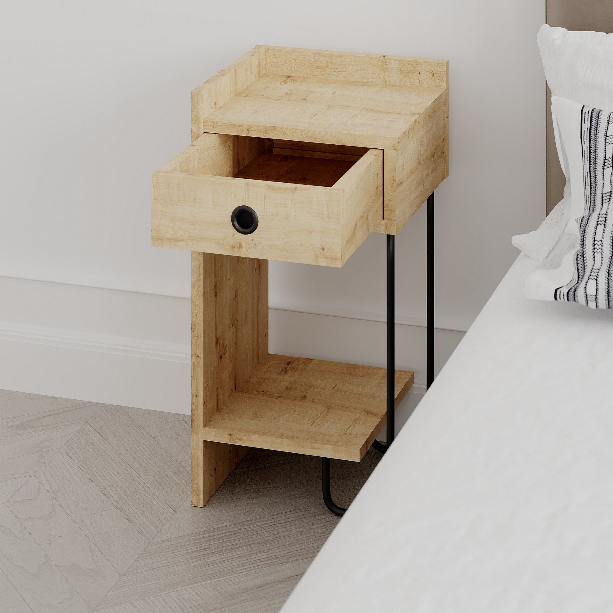 Mesa de Cabeceira em Painel de Partículas Revestido a Melamina – 32 x 61 x 30 cm – Carvalho