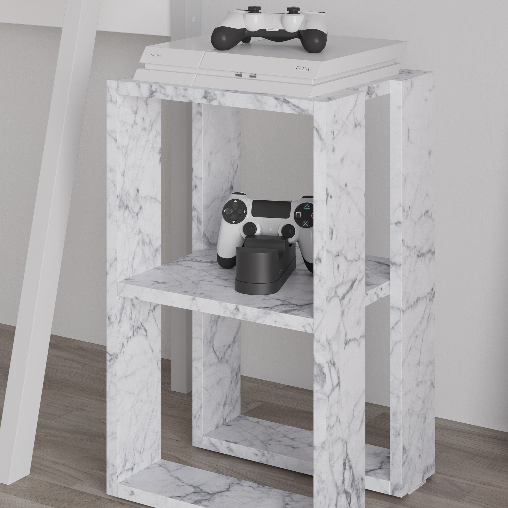 Mesa de Cabeceira – 30 cm x 30 cm x 55 cm – Mármore de Carrara – Painel de partículas revestido a melamina