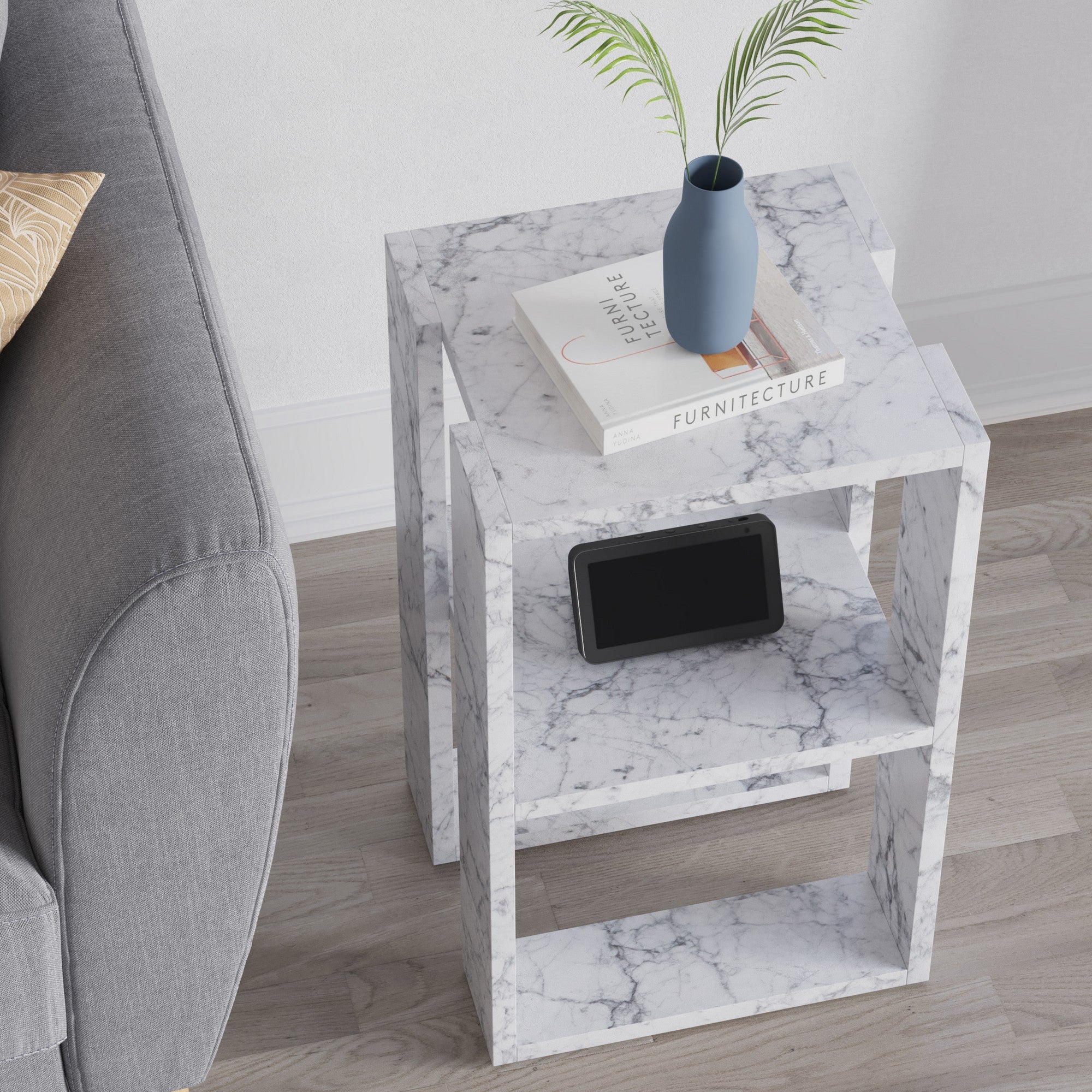 Mesa de Cabeceira – 30 cm x 30 cm x 55 cm – Mármore de Carrara – Painel de partículas revestido a melamina
