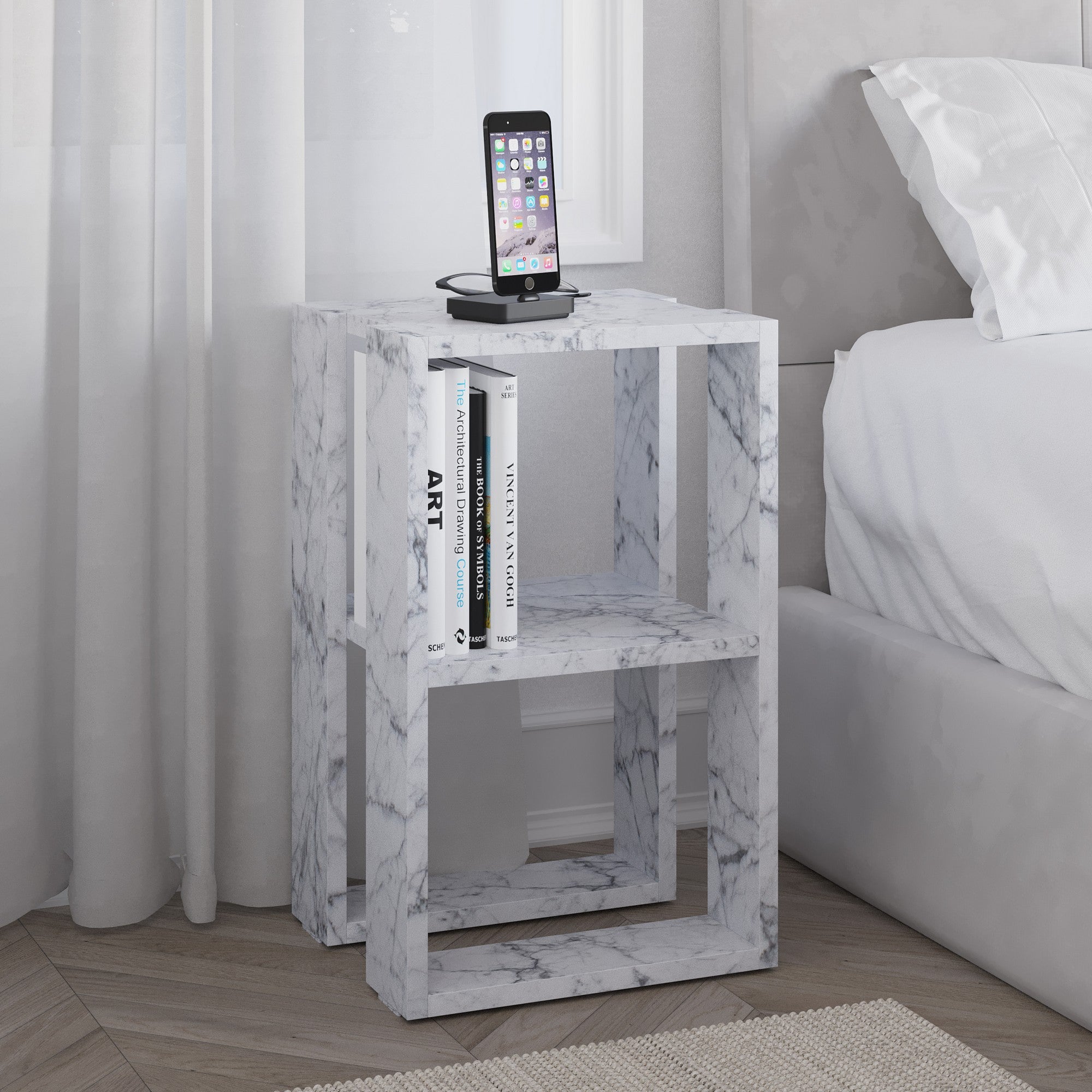 Mesa de Cabeceira – 30 cm x 30 cm x 55 cm – Mármore de Carrara – Painel de partículas revestido a melamina