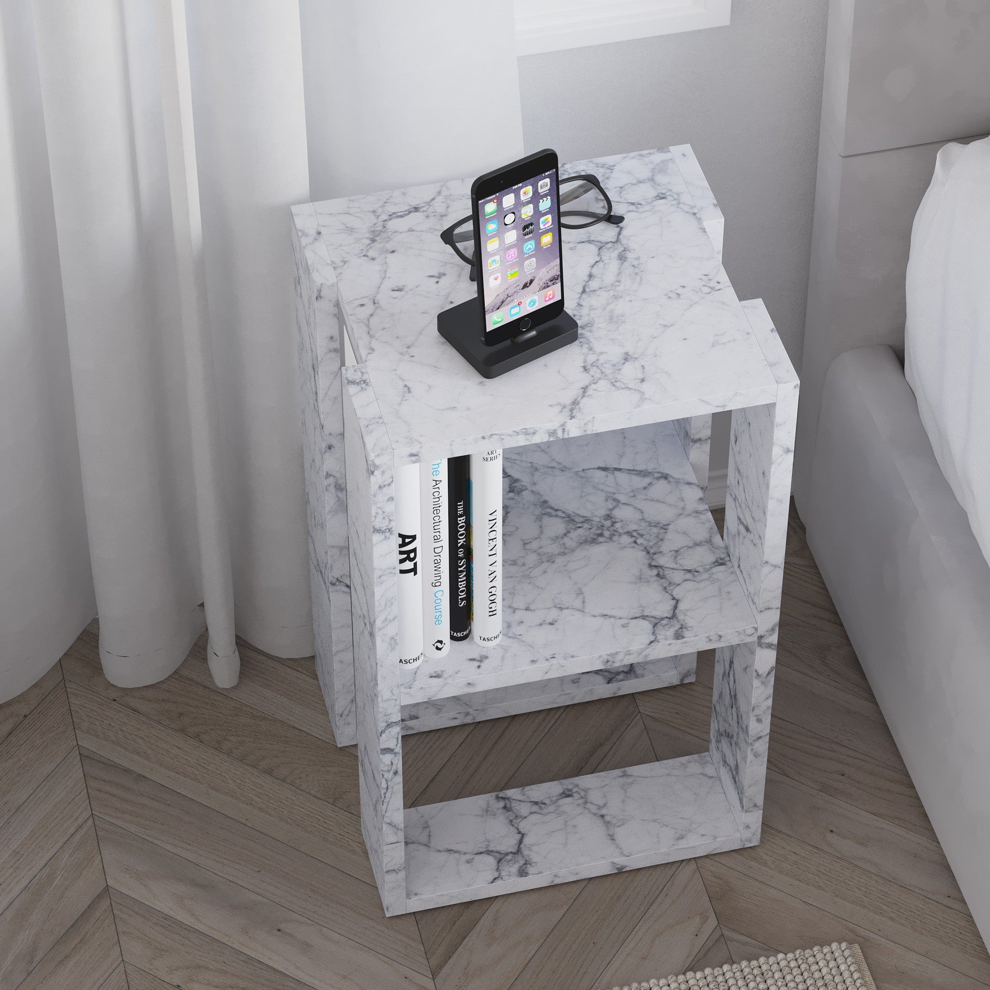 Mesa de Cabeceira – 30 cm x 30 cm x 55 cm – Mármore de Carrara – Painel de partículas revestido a melamina