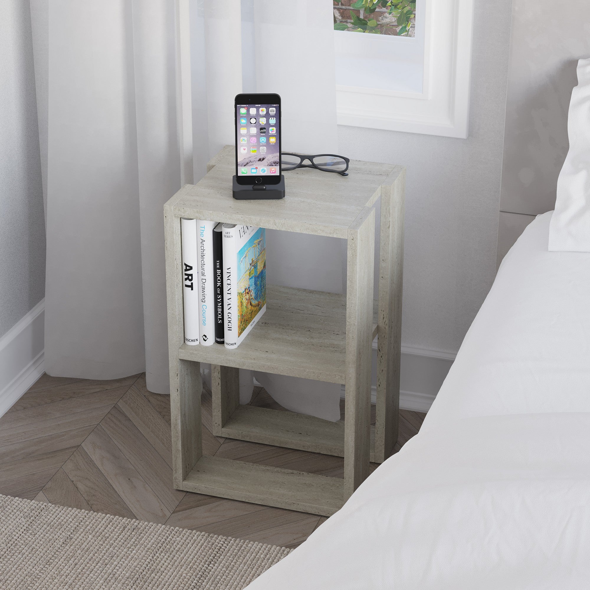 Mesa de cabeceira – 30 cm x 55 cm x 30 cm – Travertino – Painéis de partículas revestidos a melamina