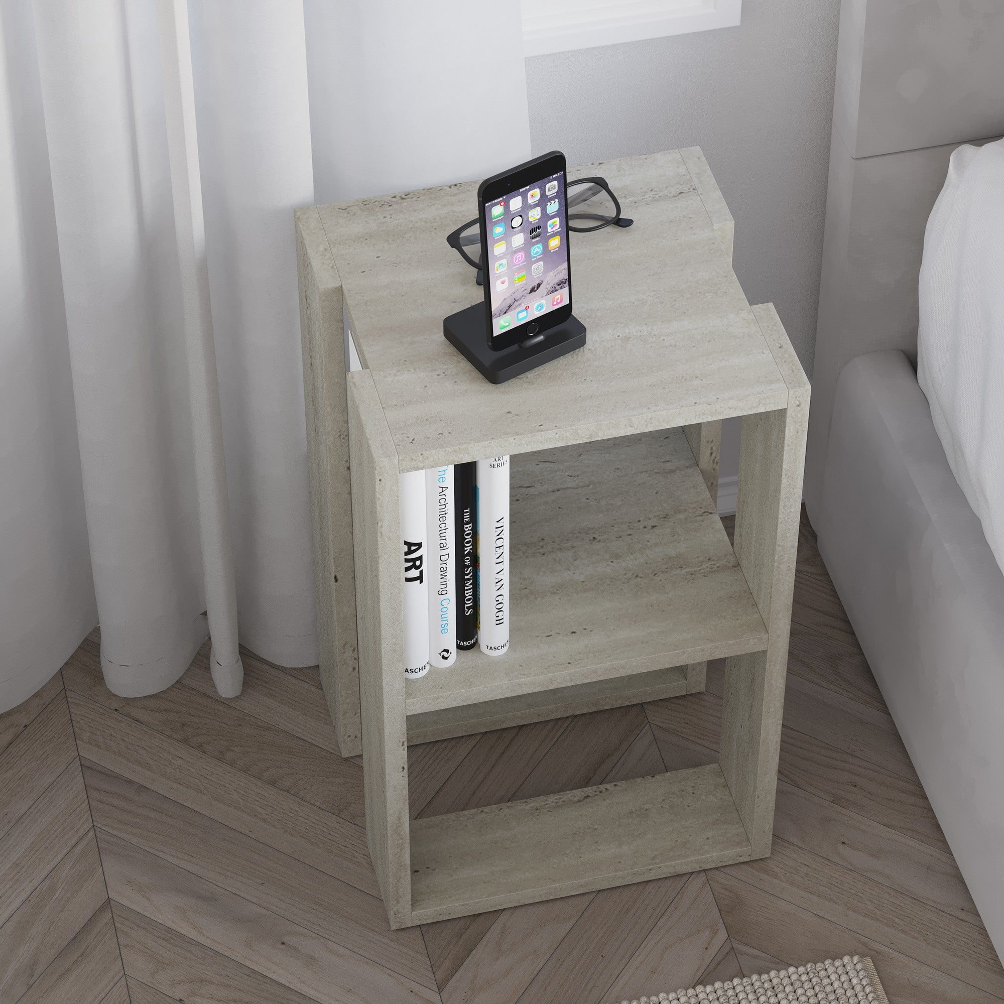 Mesa de cabeceira – 30 cm x 55 cm x 30 cm – Travertino – Painéis de partículas revestidos a melamina