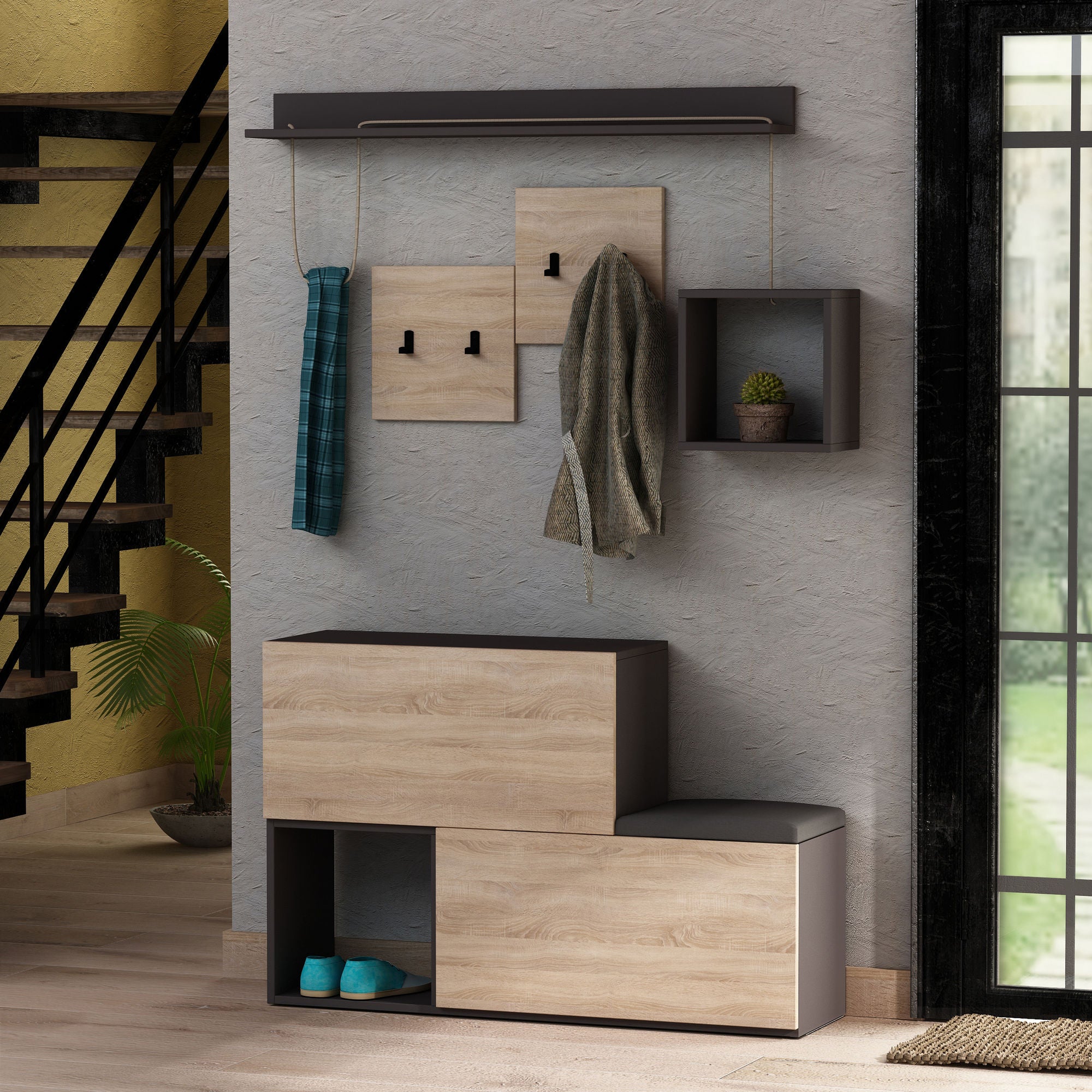 Móvel de Hall Moderno com Sapateira e Prateleira de Parede – 120 cm – Antracite e Carvalho – Melamina