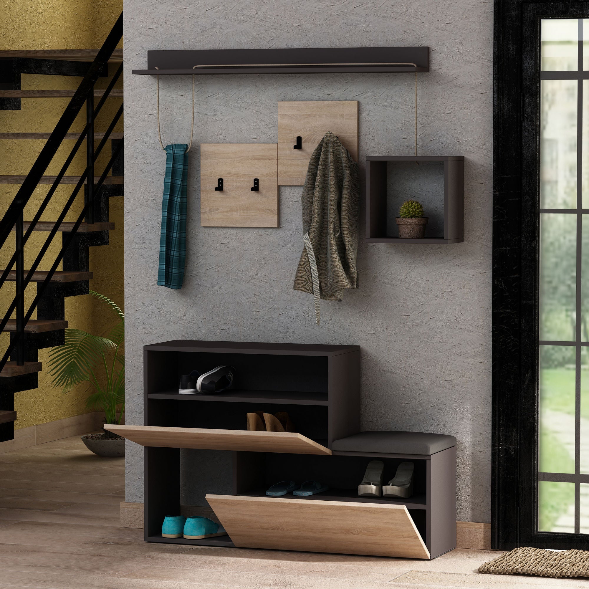 Móvel de Hall Moderno com Sapateira e Prateleira de Parede – 120 cm – Antracite e Carvalho – Melamina