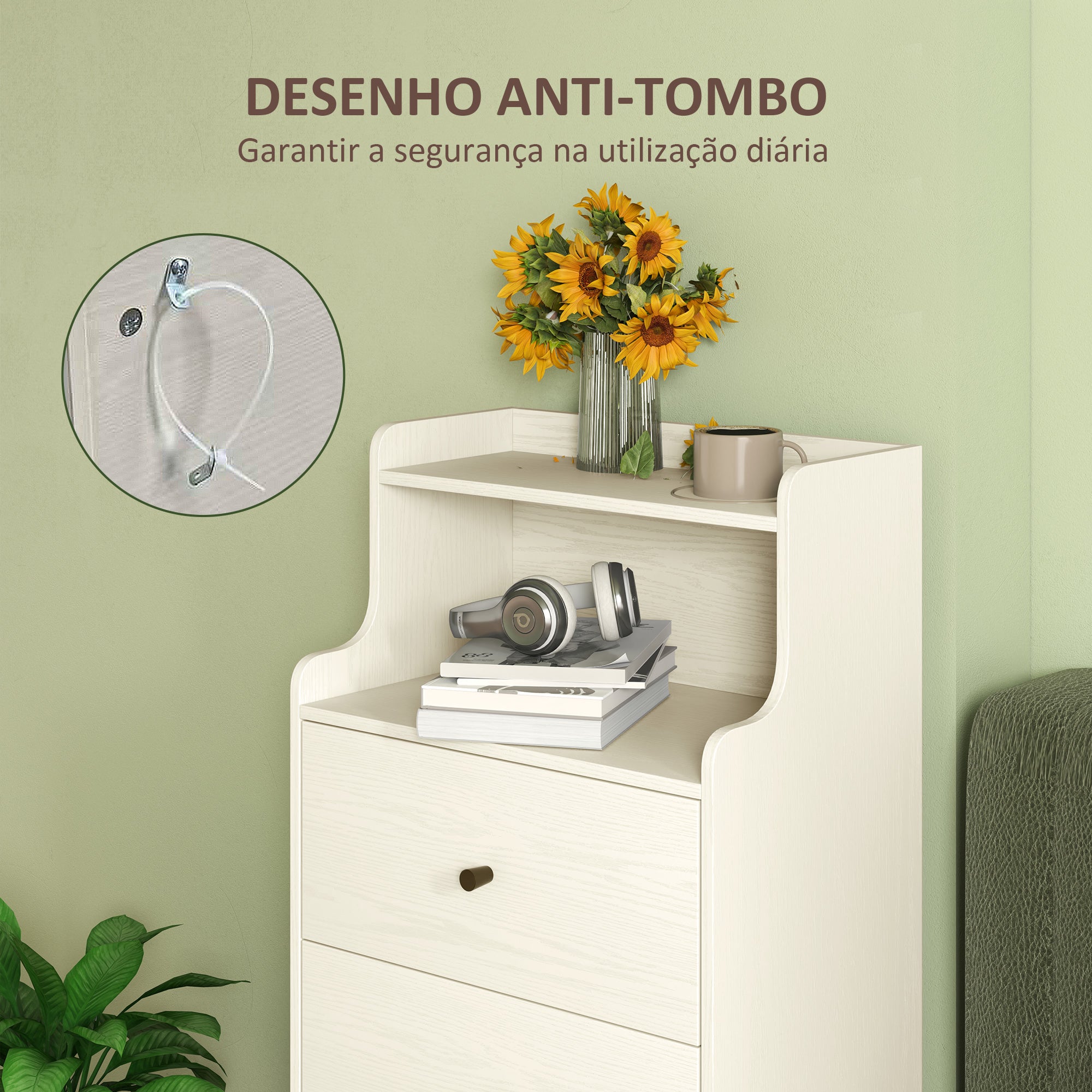 Cómoda Branco Acinzentado 47x29x95 cm - Móvel de Quarto com 3 Gavetas e Prateleiras Abertas