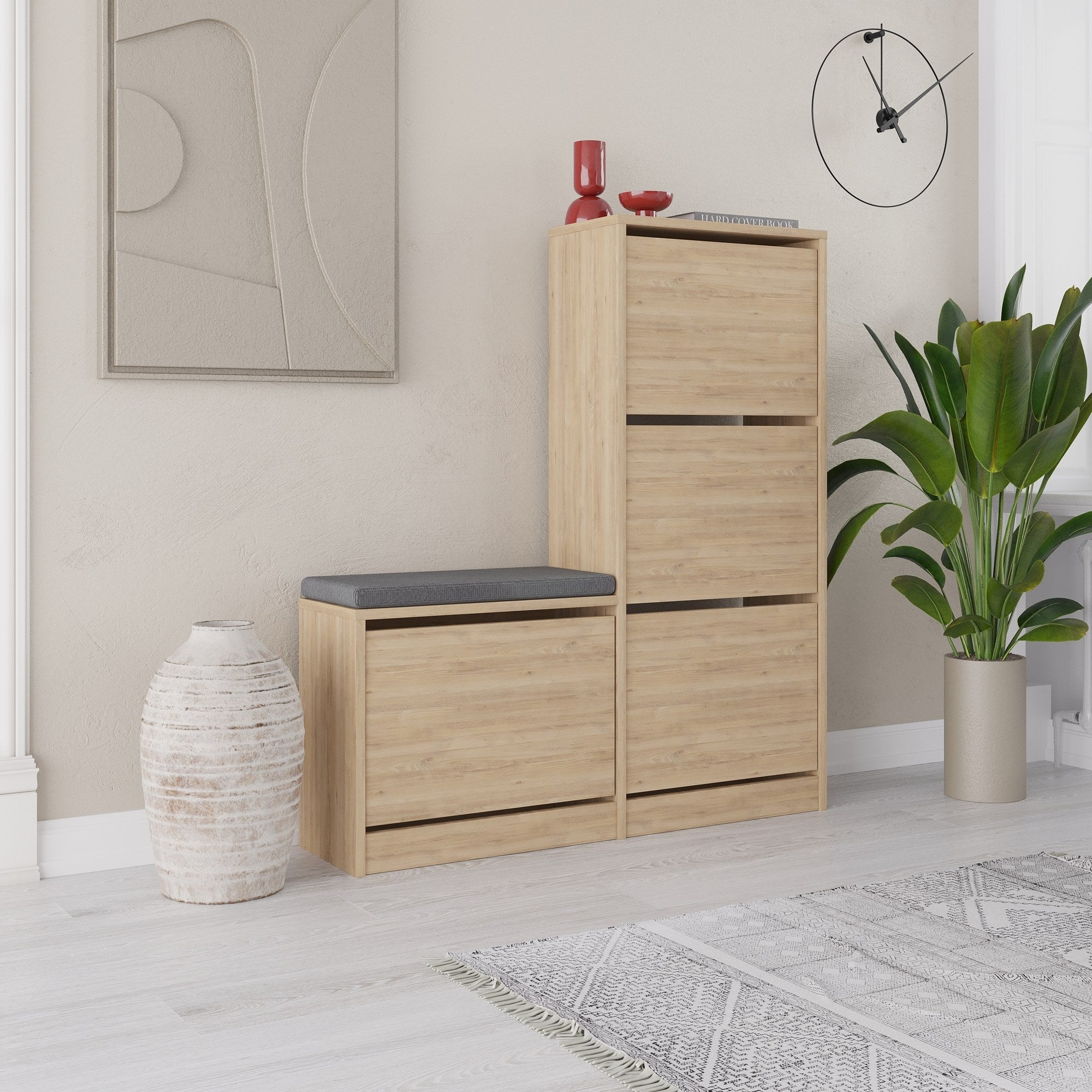 Sapateira Elegante – 105 cm x 118,5 cm x 26 cm – Carvalho – Painel de partículas revestido de melamina