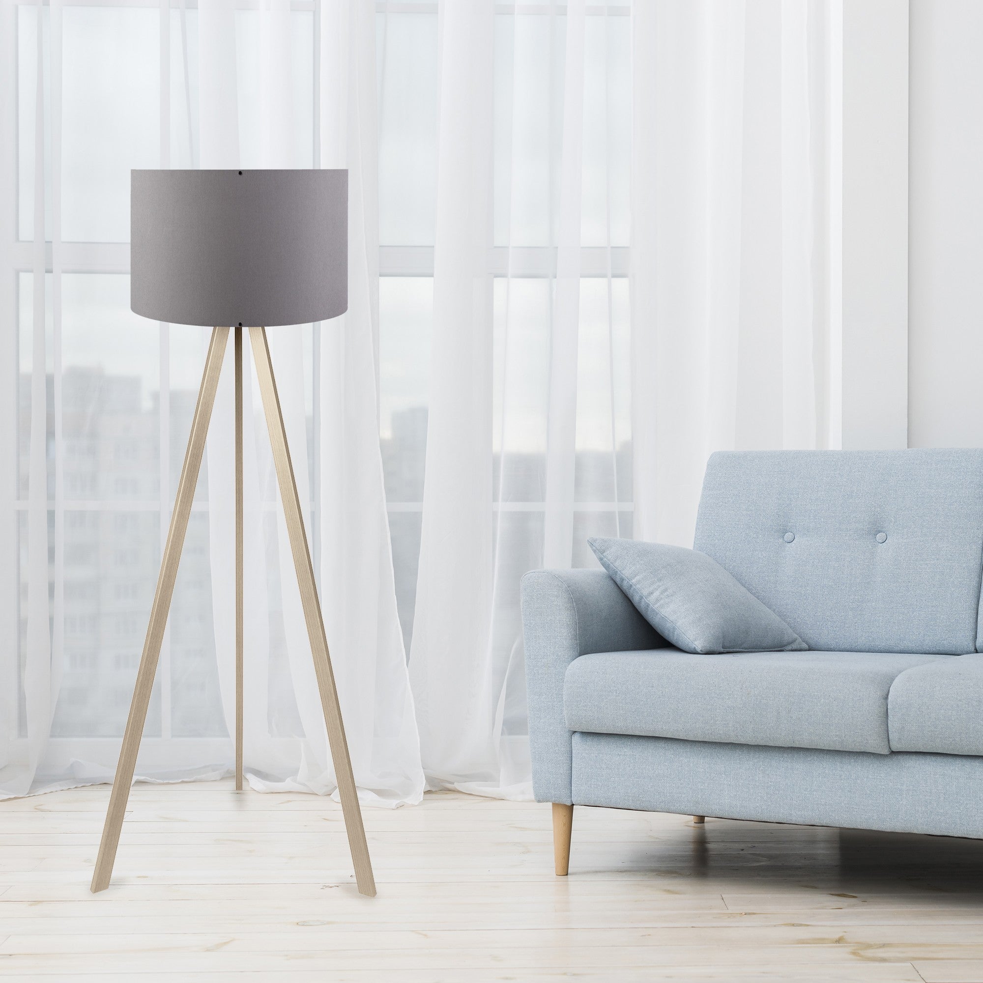 Candeeiro de Pé Escandinavo – 38 x 140 cm – Cinza e Carvalho – MDF e PVC