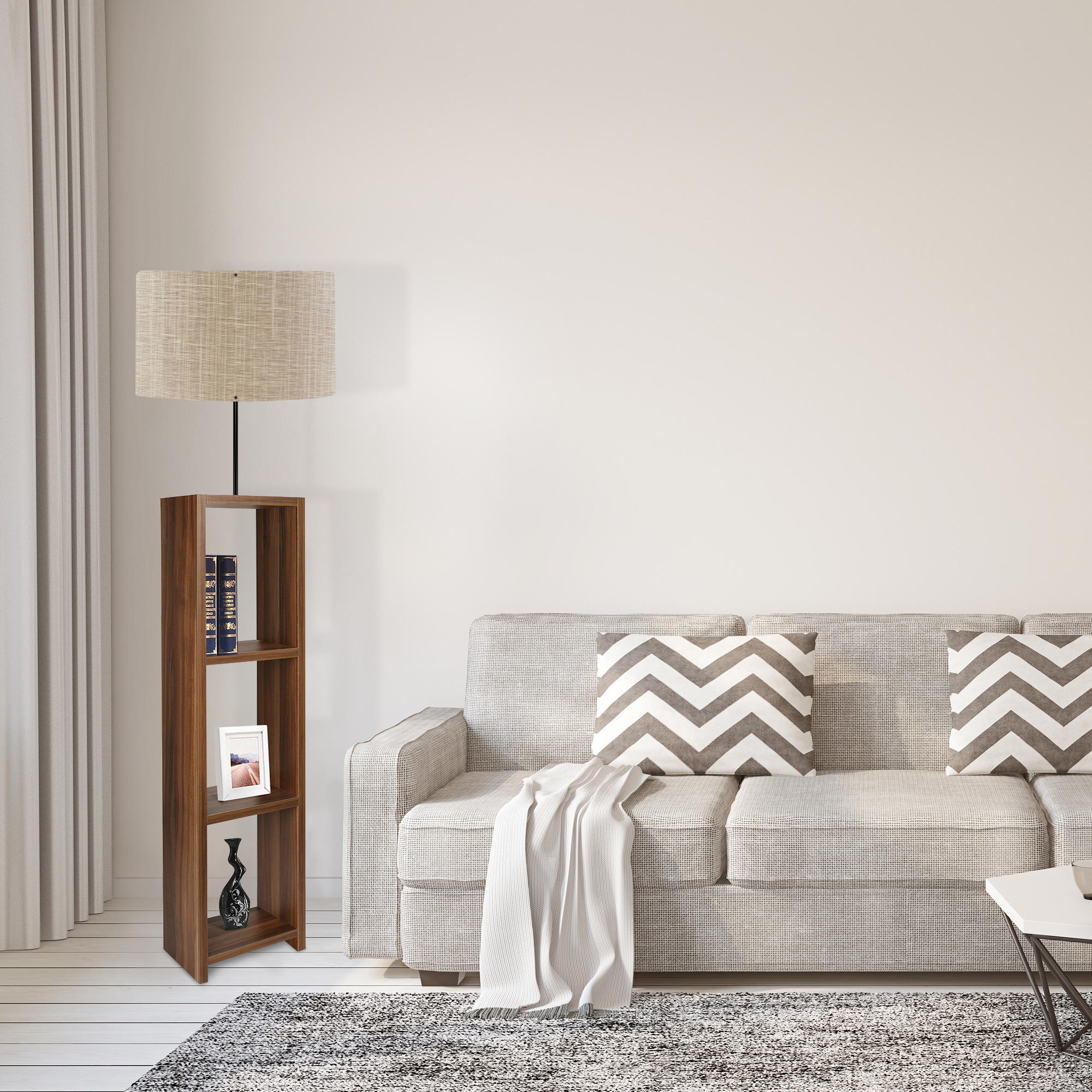 Candeeiro de Pé – 150 cm – Bege e madeira – PVC e MDF