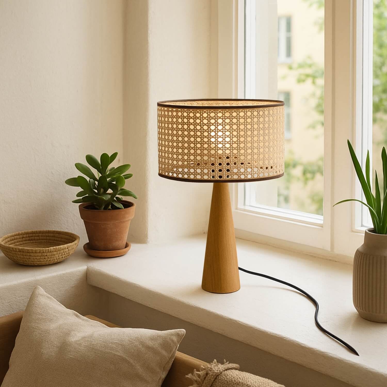Candeeiro de Mesa de Madeira – 38 cm – Bege