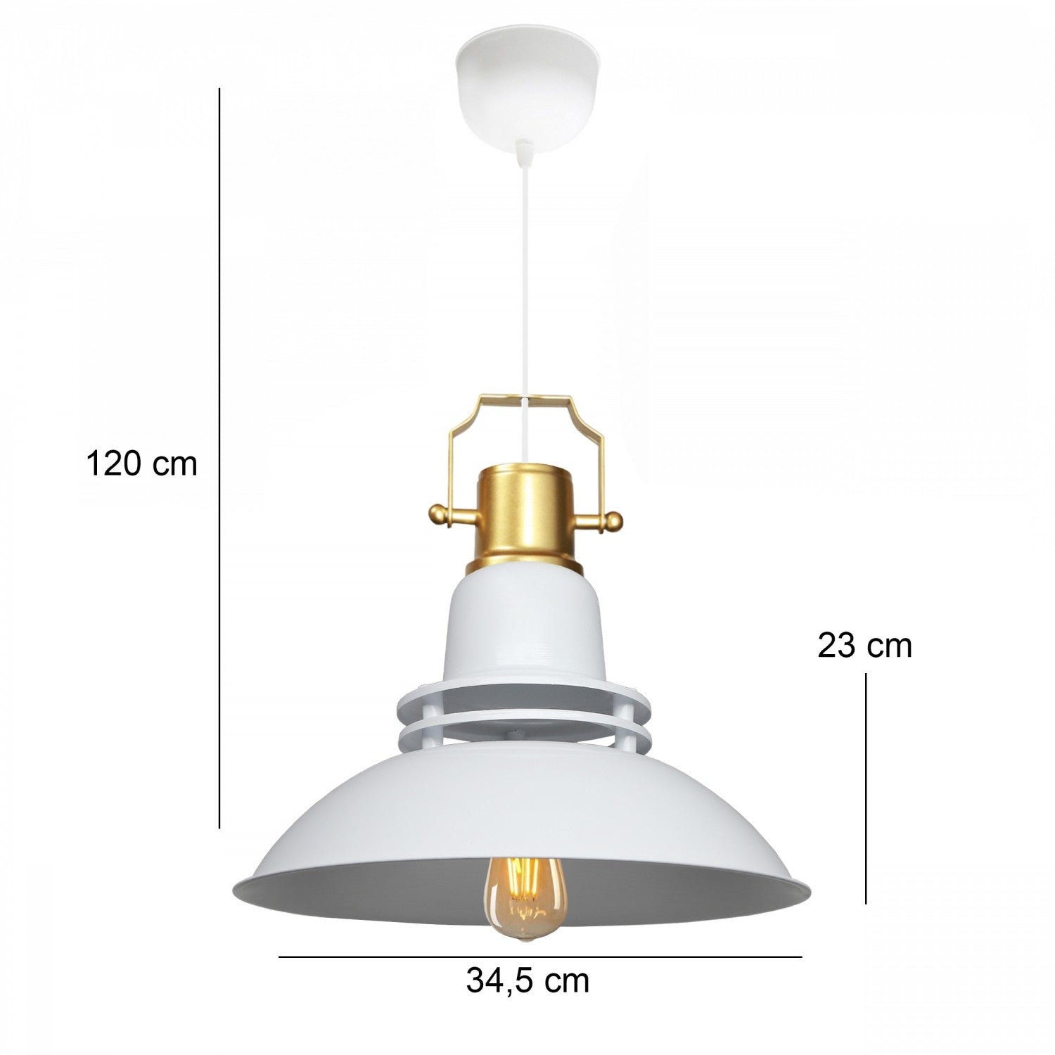 Candeeiro de Teto – 34,5 cm diâmetro, 120 cm altura – Branco – Metal