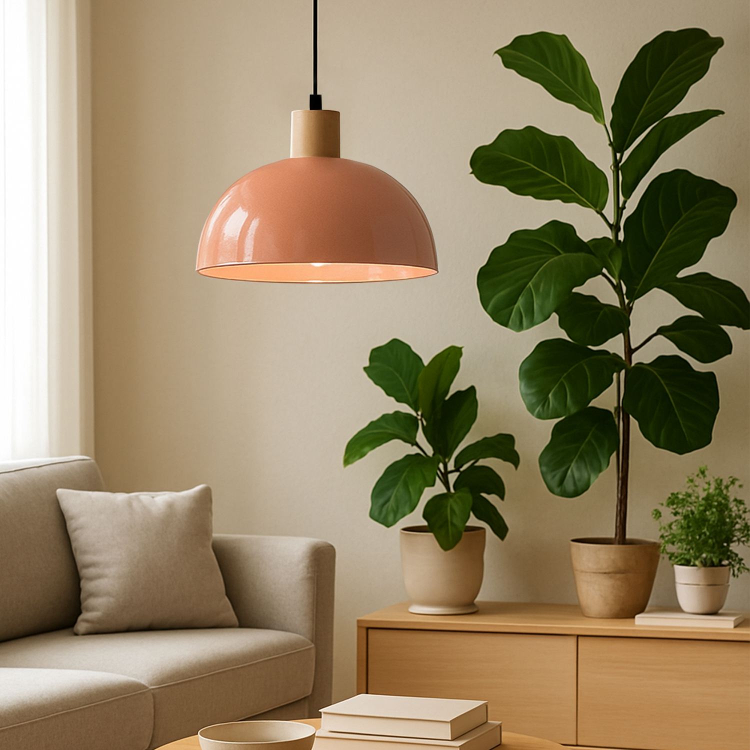 Candeeiro de Teto – altura ajustável de 55 a 100 cm – cor salmão – corpo de metal