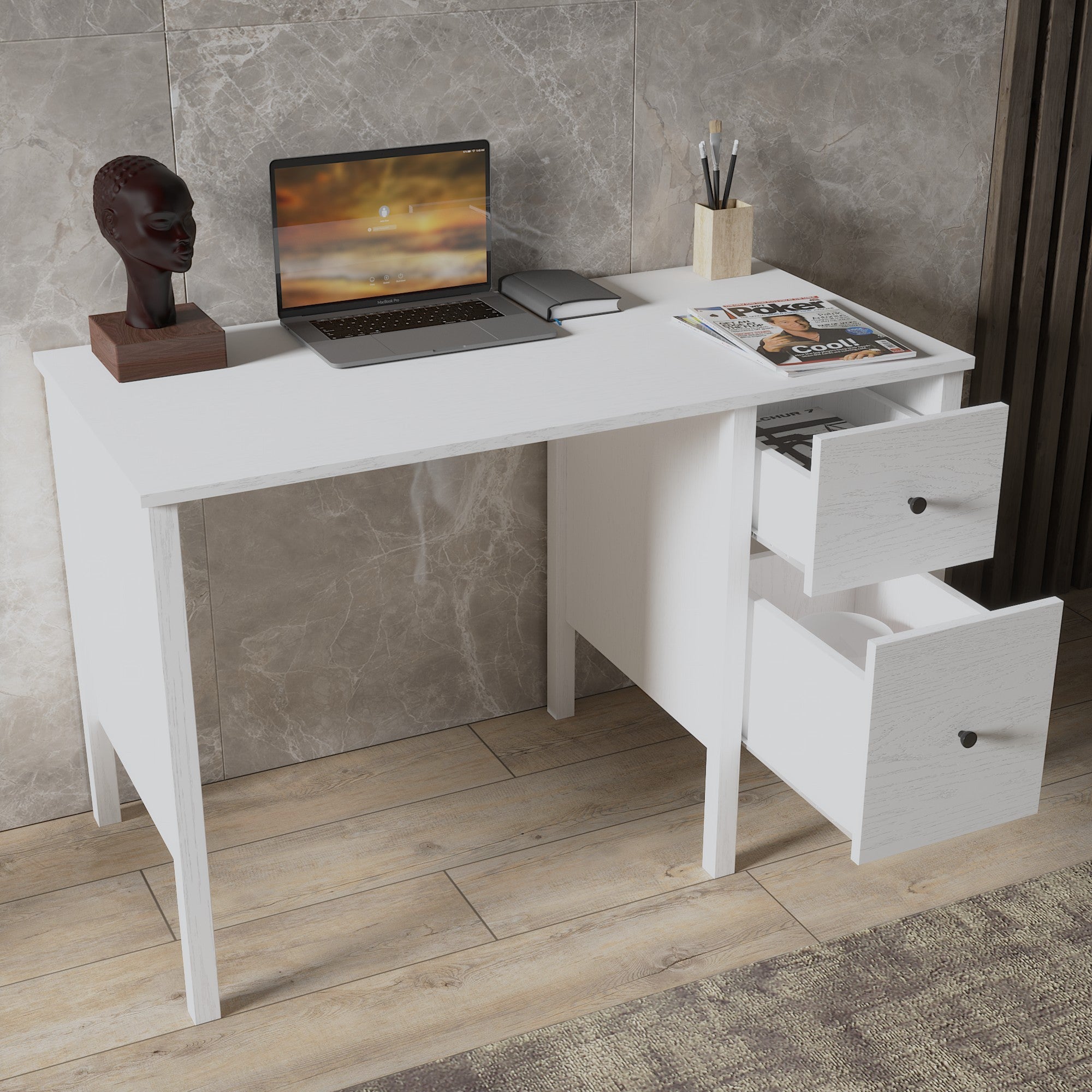 Secretária de Estudo – 120 cm x 75 cm x 60 cm – Branco e Madeira – MDF e Chipboard