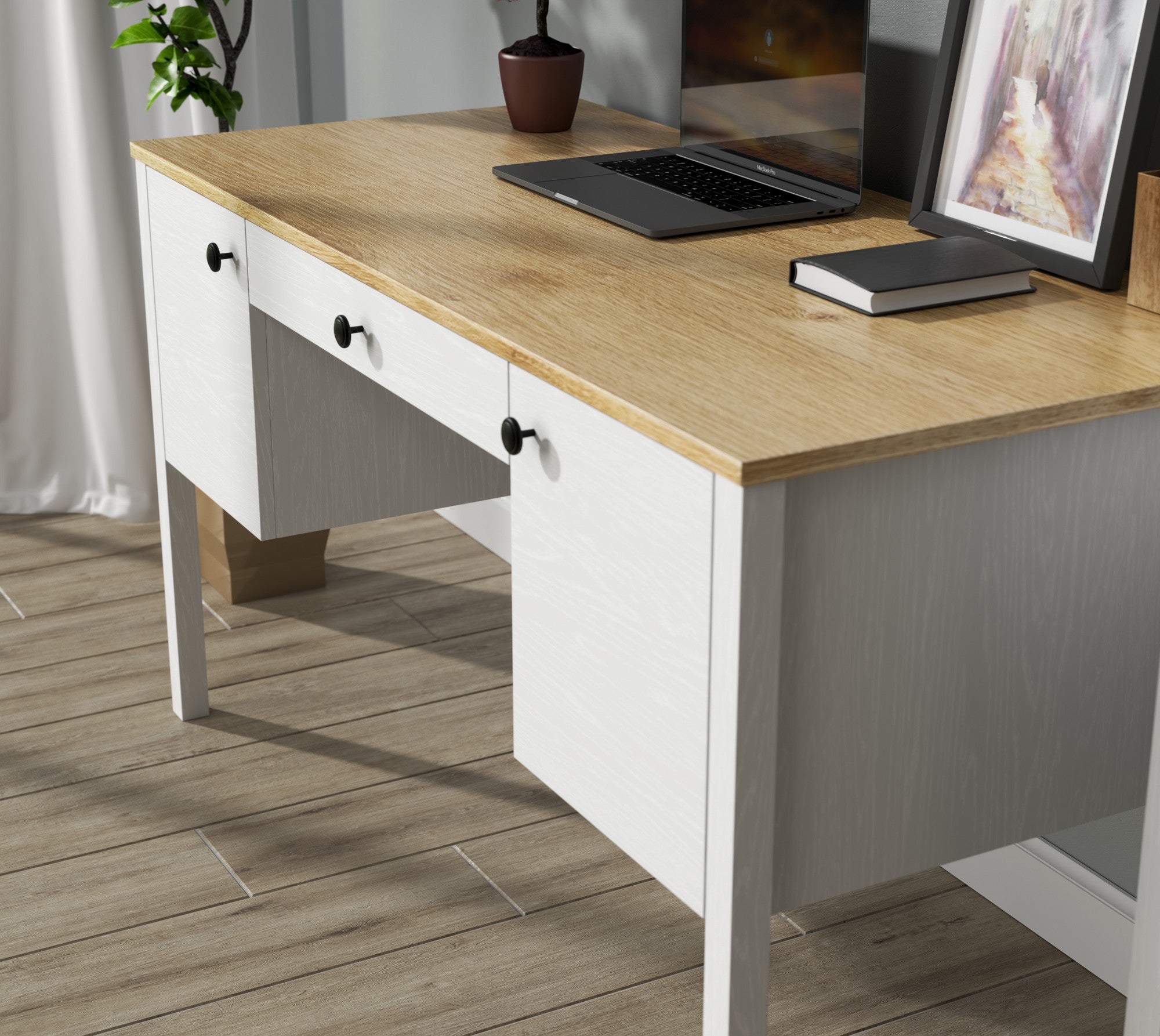 Secretária de Estudo de Aglomerado – 132cm x 73cm x 60cm – Branco e Madeira – Aglomerado revestido de melamina