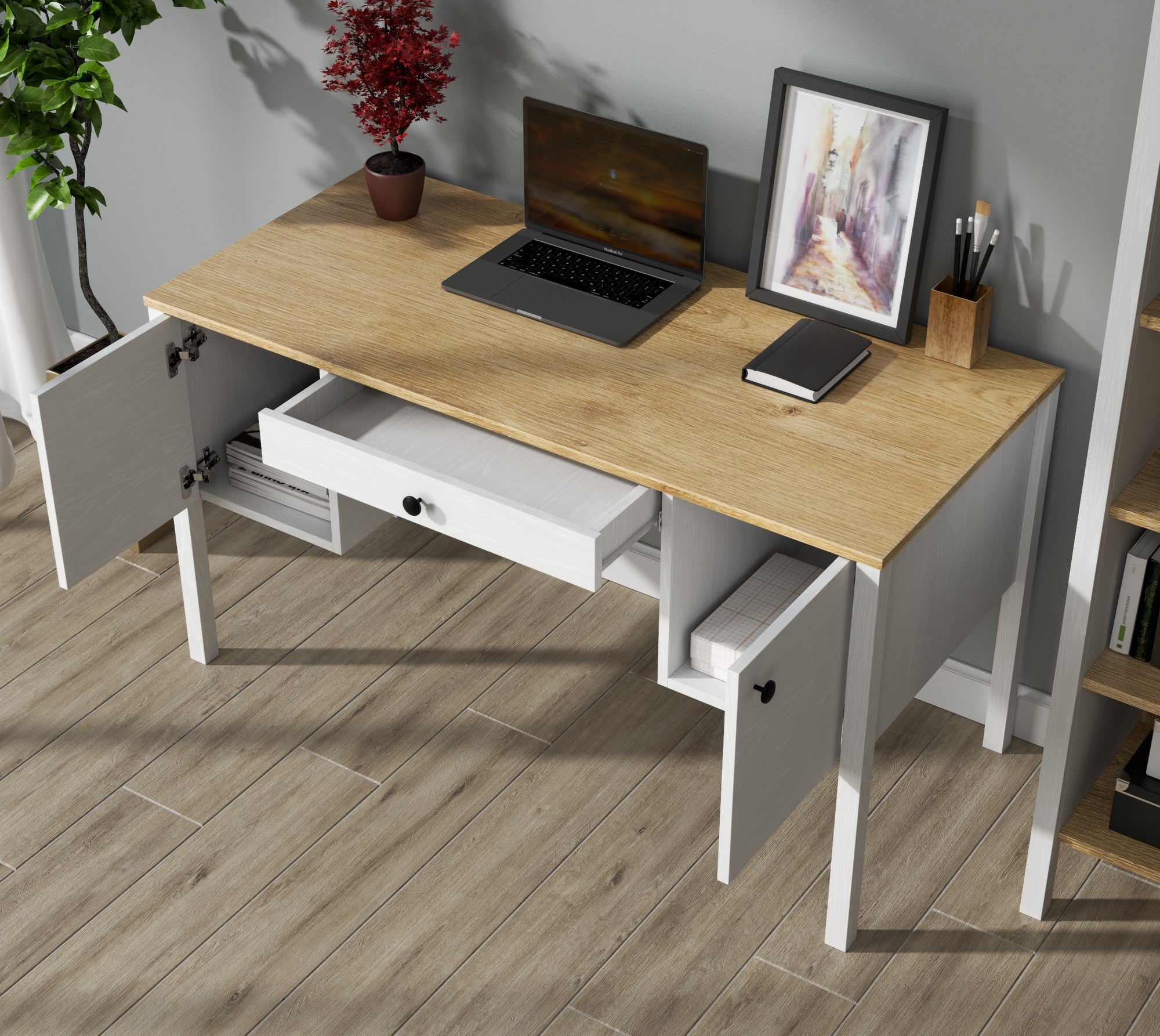 Secretária de Estudo de Aglomerado – 132cm x 73cm x 60cm – Branco e Madeira – Aglomerado revestido de melamina