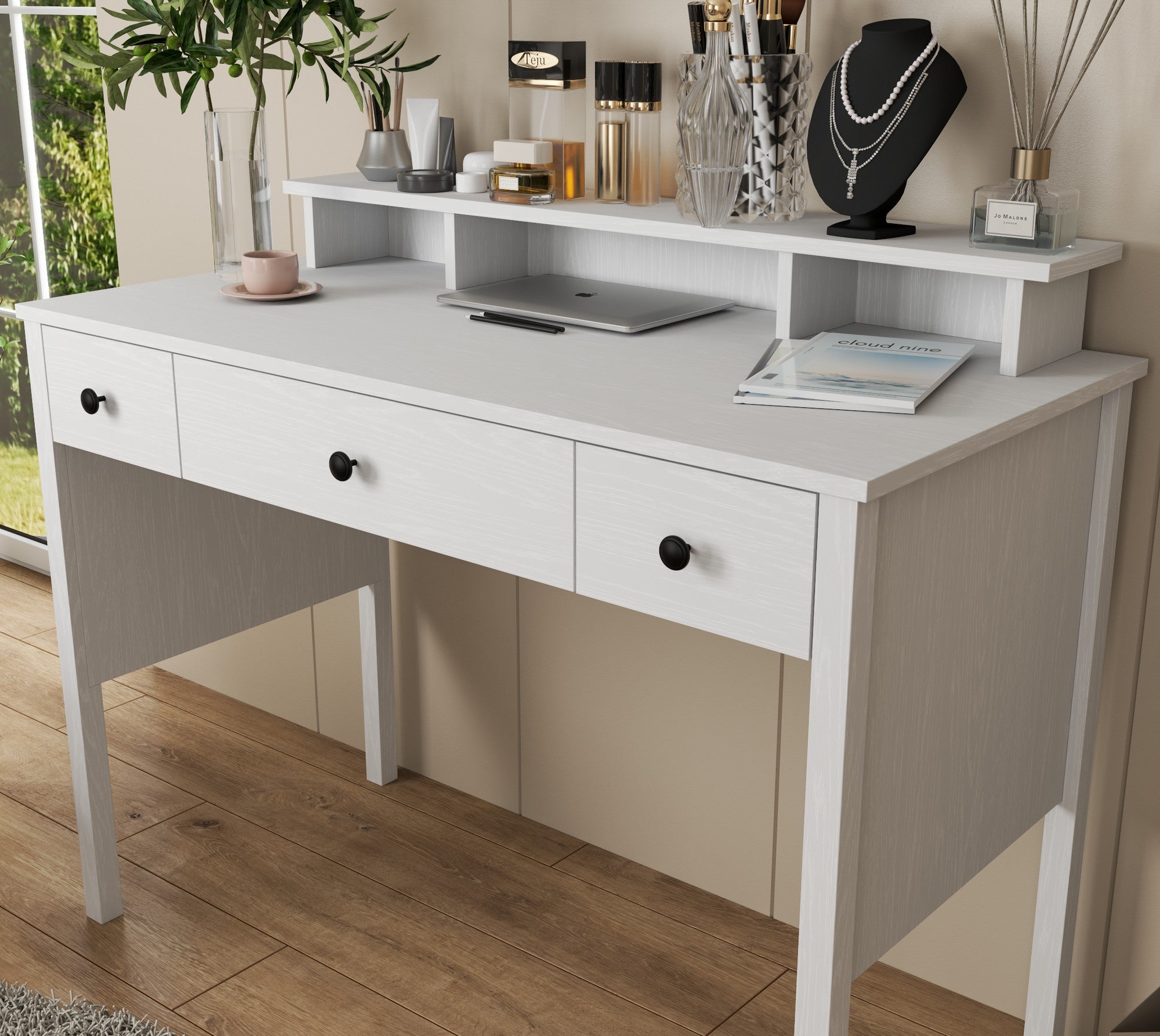 Toucador de madeira – 120 cm x 97,8 cm x 59 cm – Branco – Painel de partículas revestido em melamina