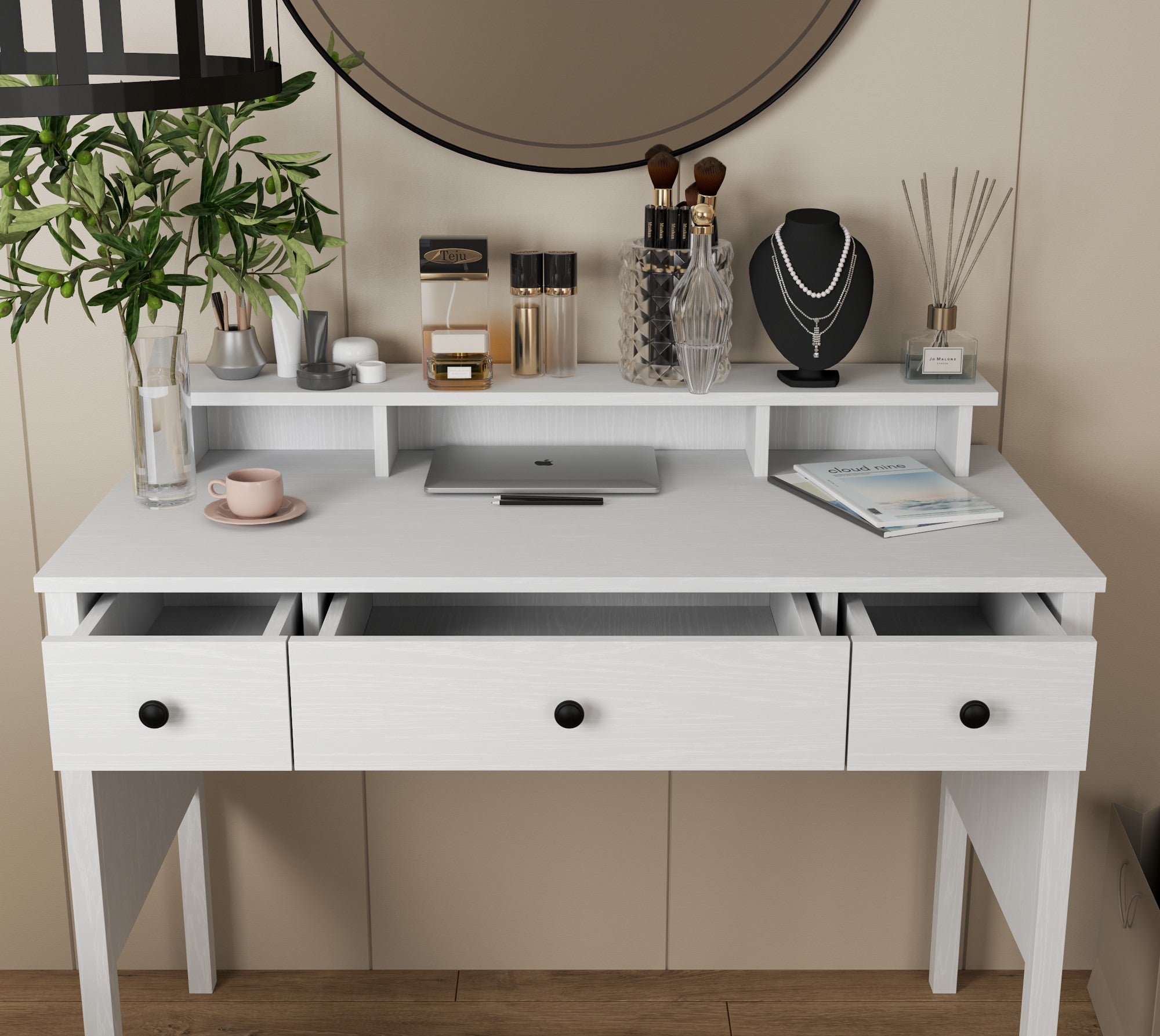 Toucador de madeira – 120 cm x 97,8 cm x 59 cm – Branco – Painel de partículas revestido em melamina