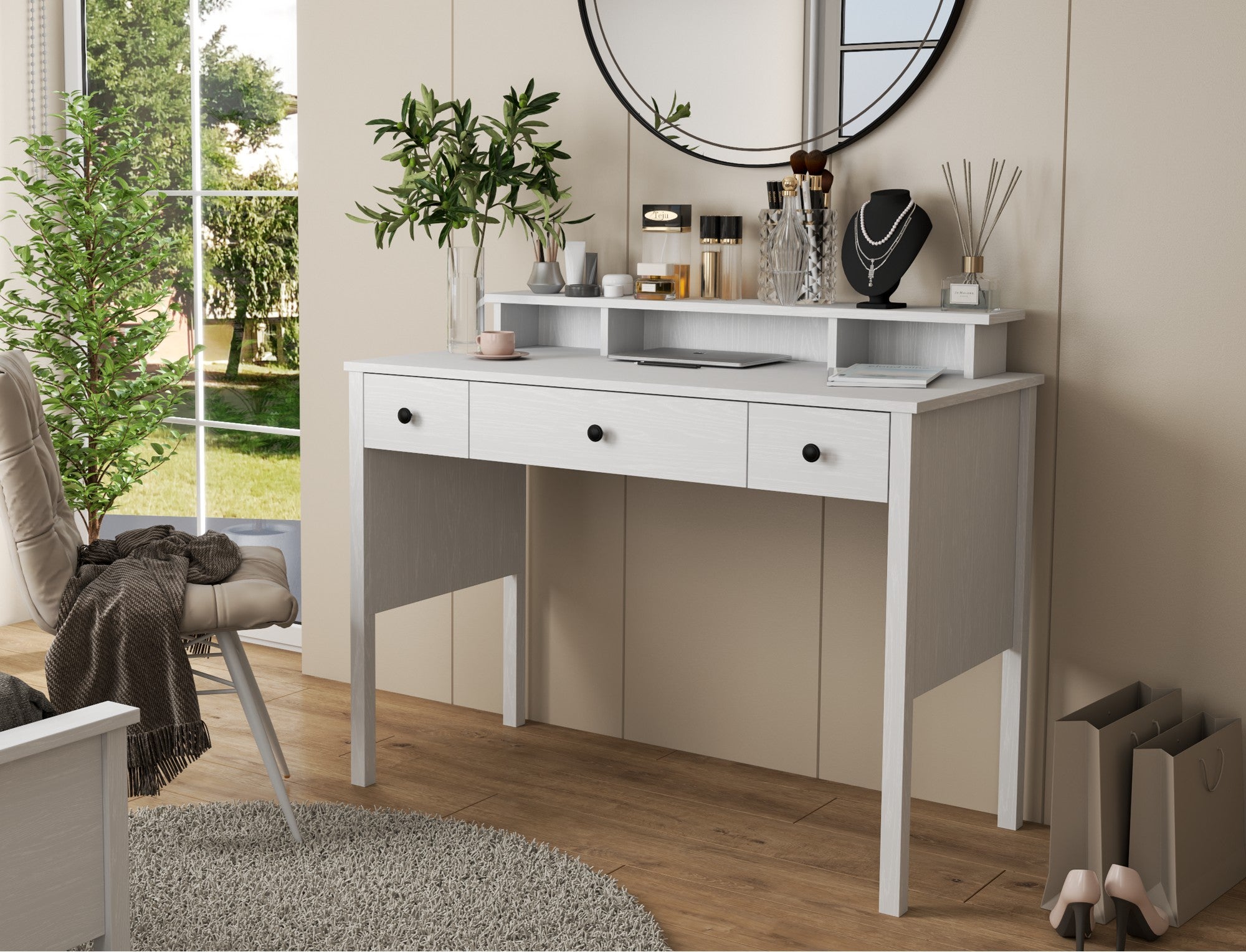 Toucador de madeira – 120 cm x 97,8 cm x 59 cm – Branco – Painel de partículas revestido em melamina