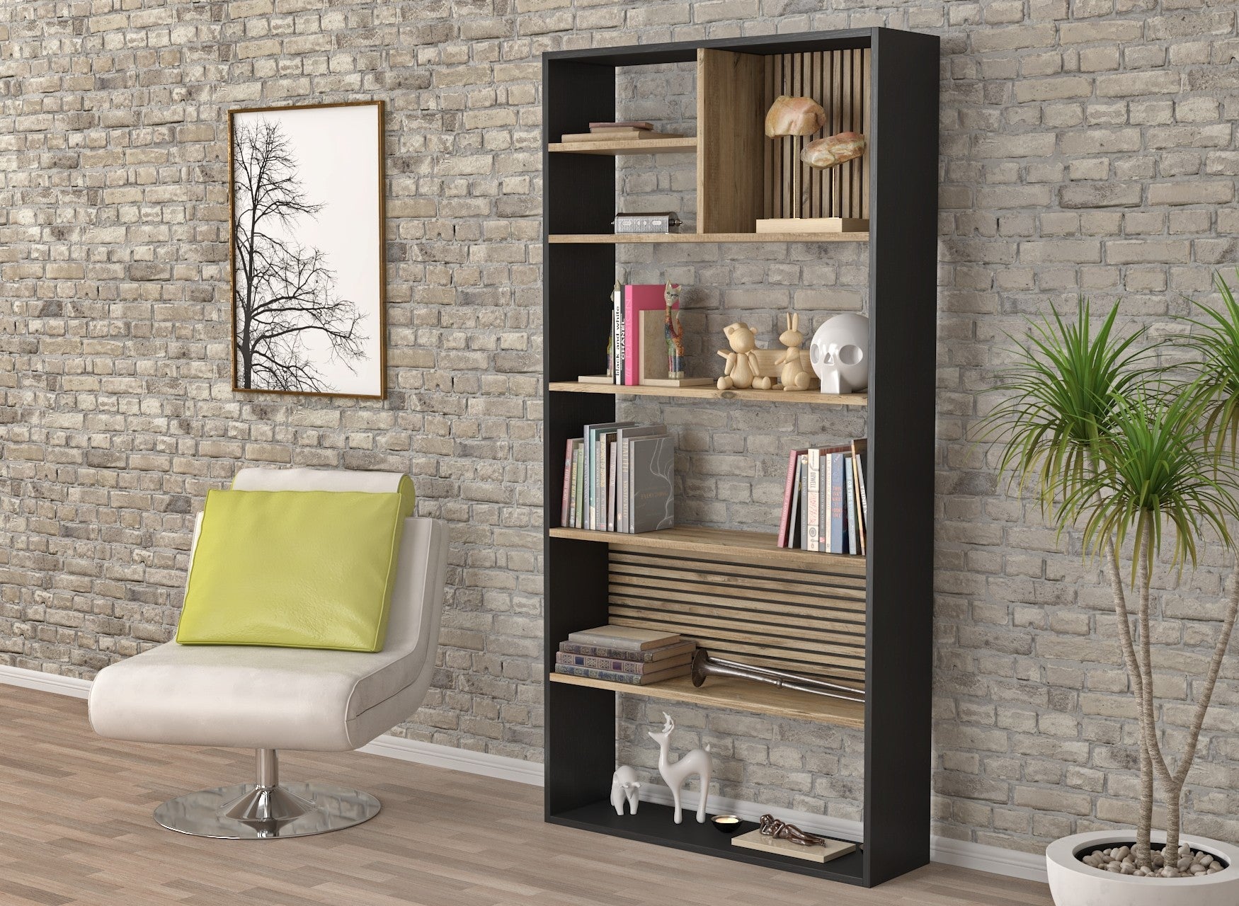 Estante de livros – 90cm x 180cm x 25cm – Preto, Madeira, Pinho Atlântico – MDF