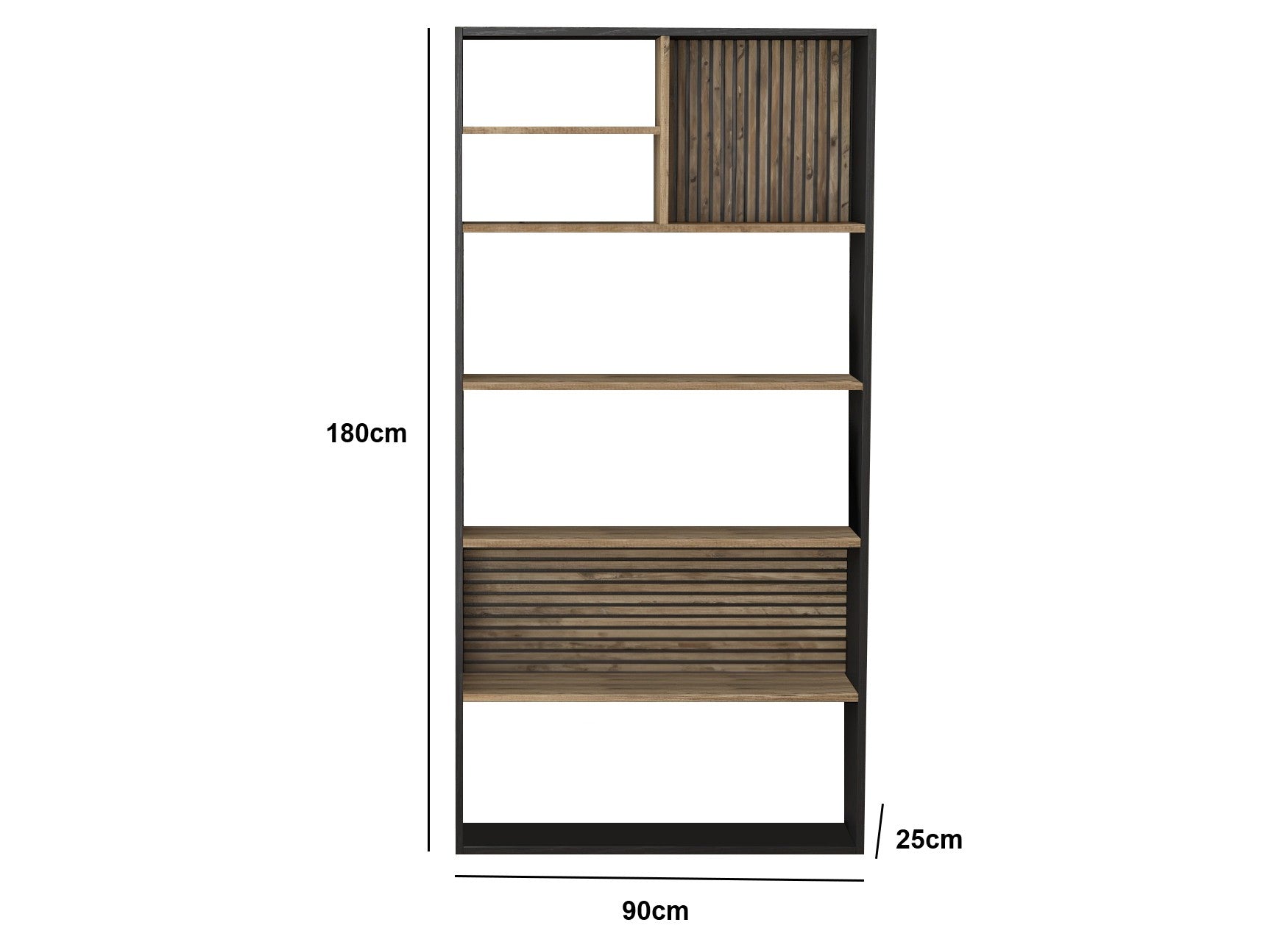 Estante de livros – 90cm x 180cm x 25cm – Preto, Madeira, Pinho Atlântico – MDF