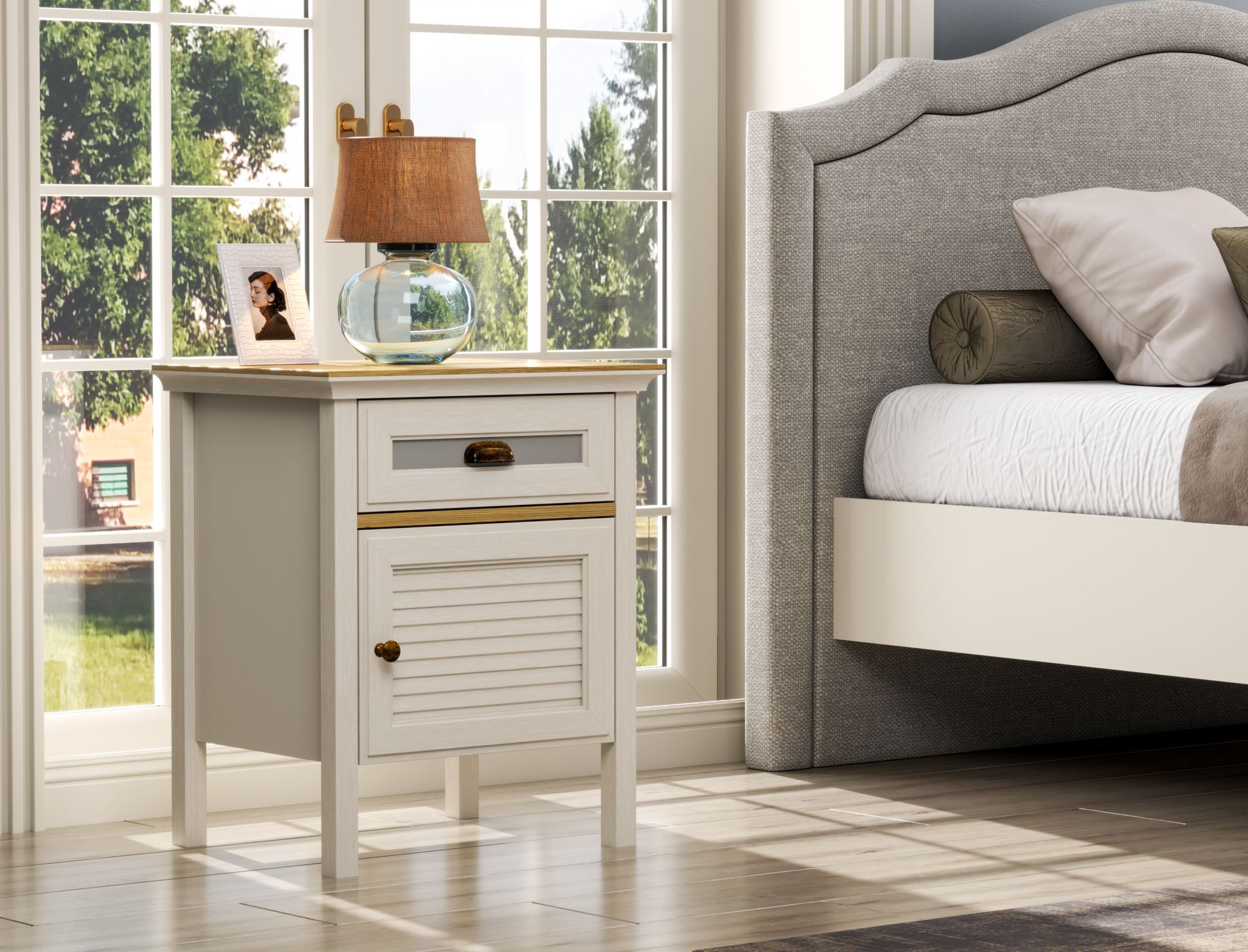 Mesa de Cabeceira Moderna com Múltiplas Prateleiras e Fixação de Parede - Disponível em Carvalho, Creme e Cinzento