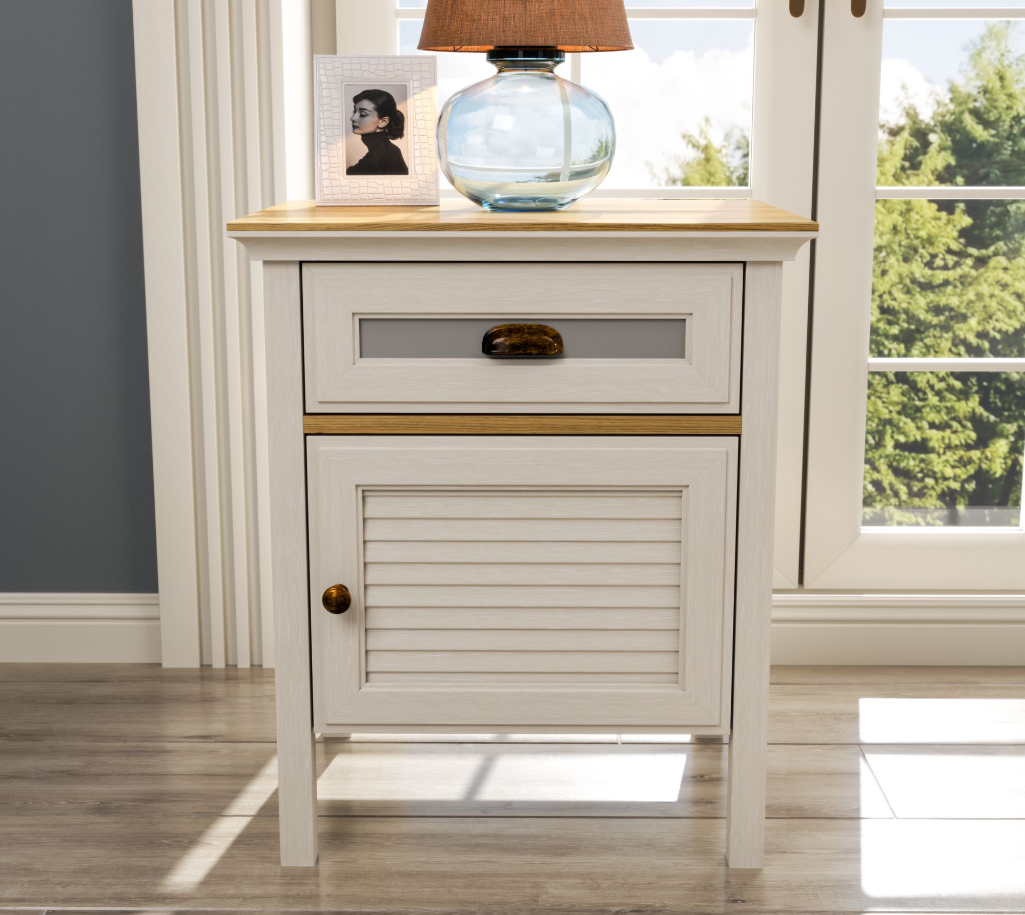 Mesa de Cabeceira Moderna com Múltiplas Prateleiras e Fixação de Parede - Disponível em Carvalho, Creme e Cinzento