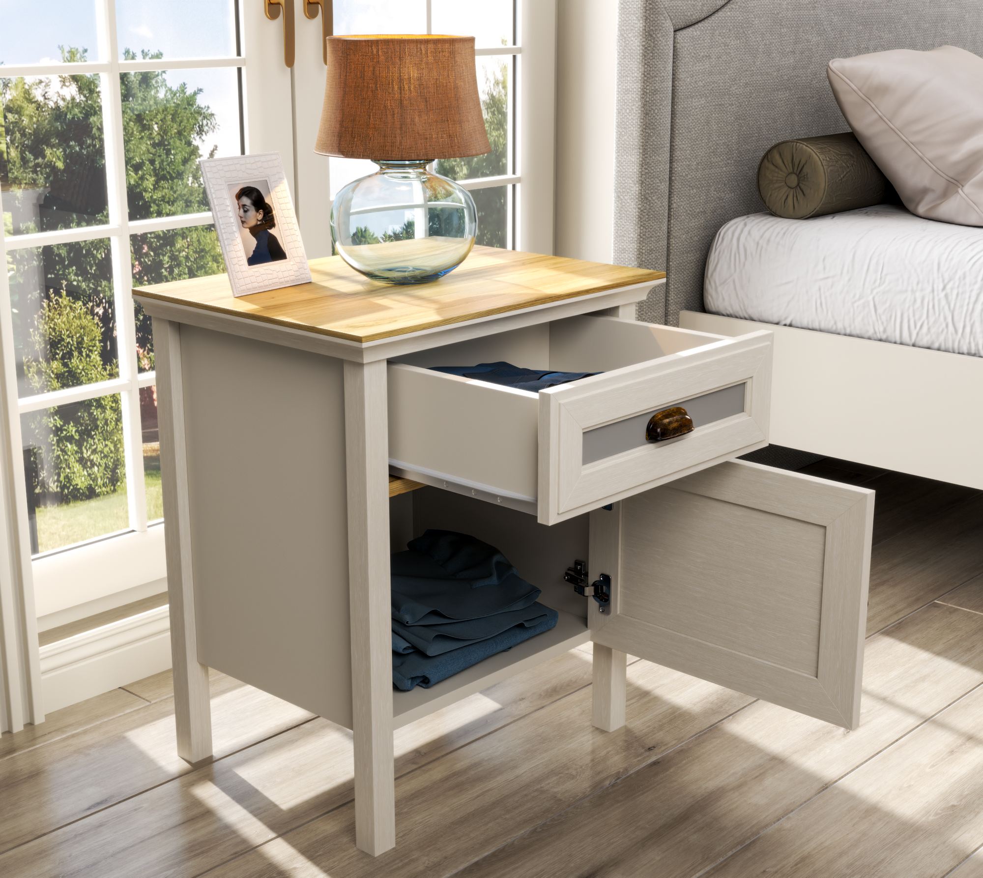 Mesa de Cabeceira Moderna com Múltiplas Prateleiras e Fixação de Parede - Disponível em Carvalho, Creme e Cinzento