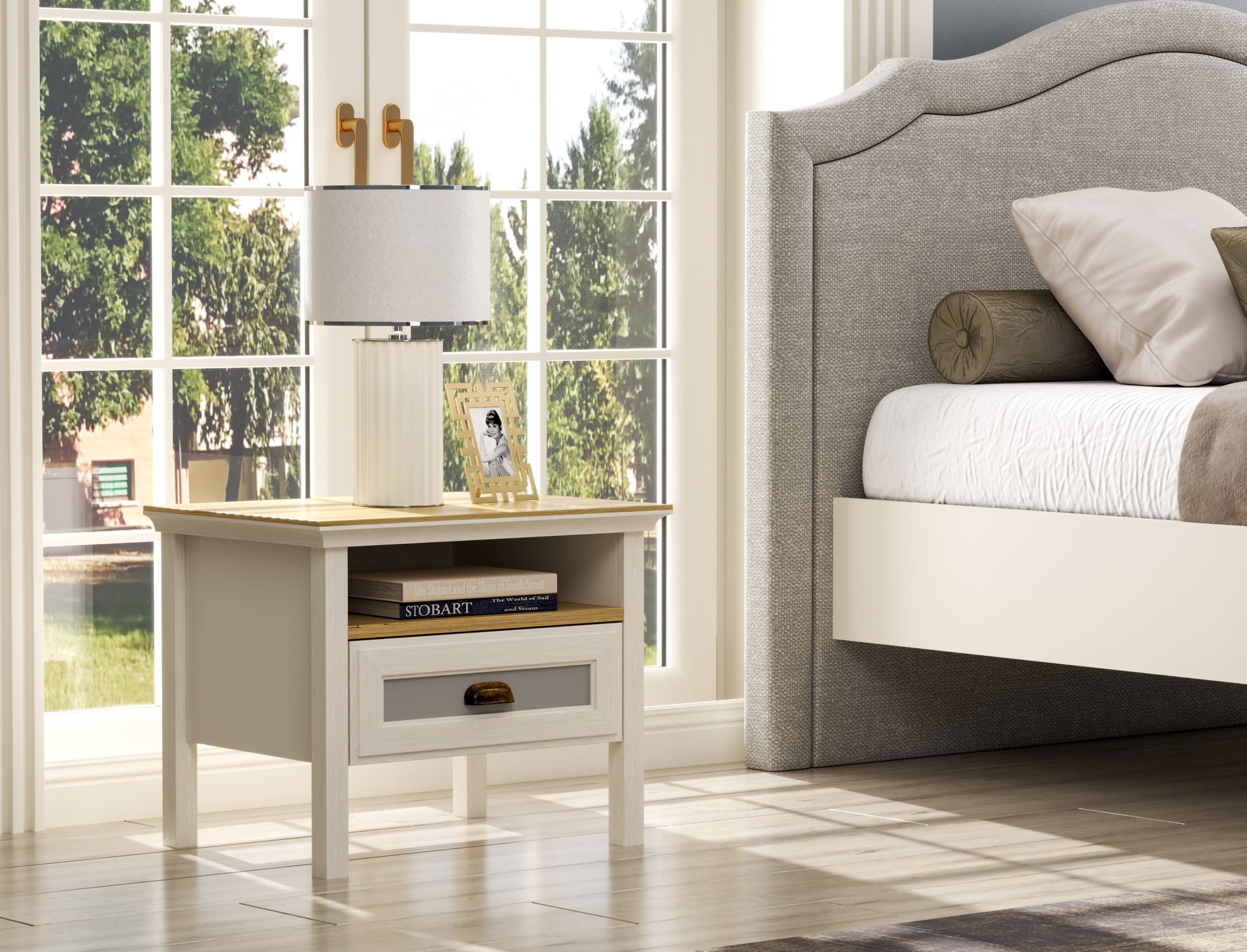 Mesa de Cabeceira Moderna com Múltiplas Prateleiras e Fixação de Parede - Disponível em Carvalho, Creme e Cinzento