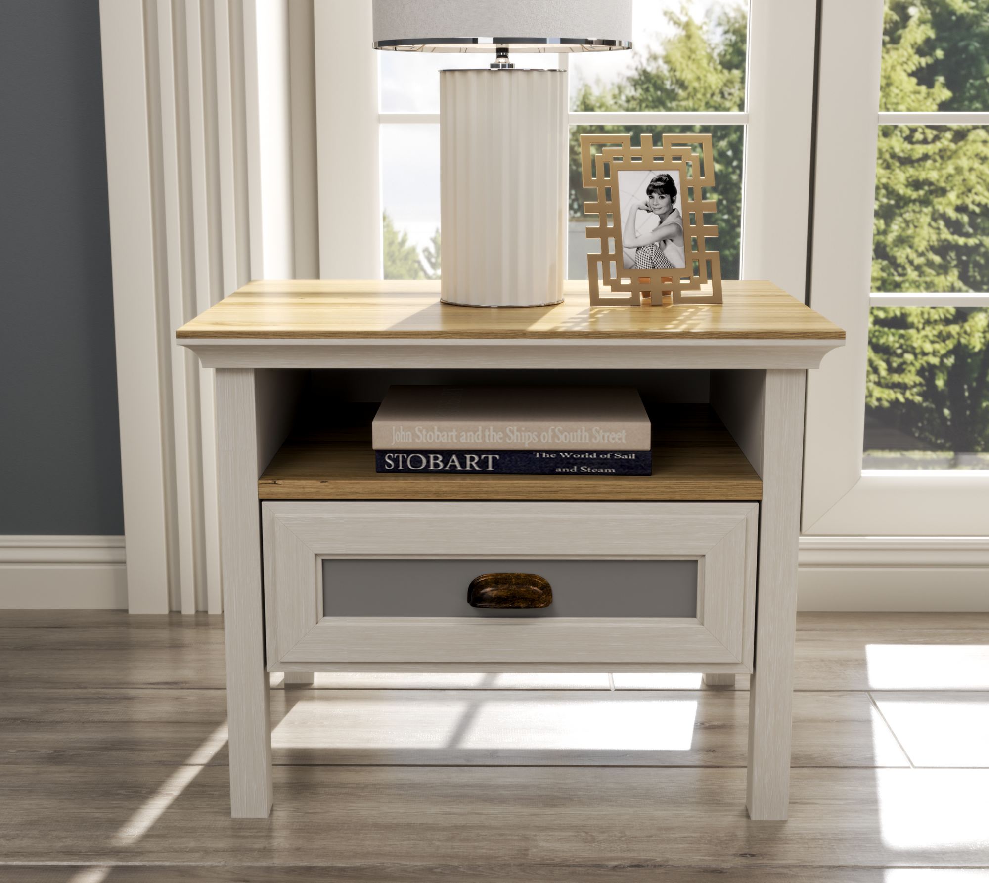 Mesa de Cabeceira Moderna com Múltiplas Prateleiras e Fixação de Parede - Disponível em Carvalho, Creme e Cinzento