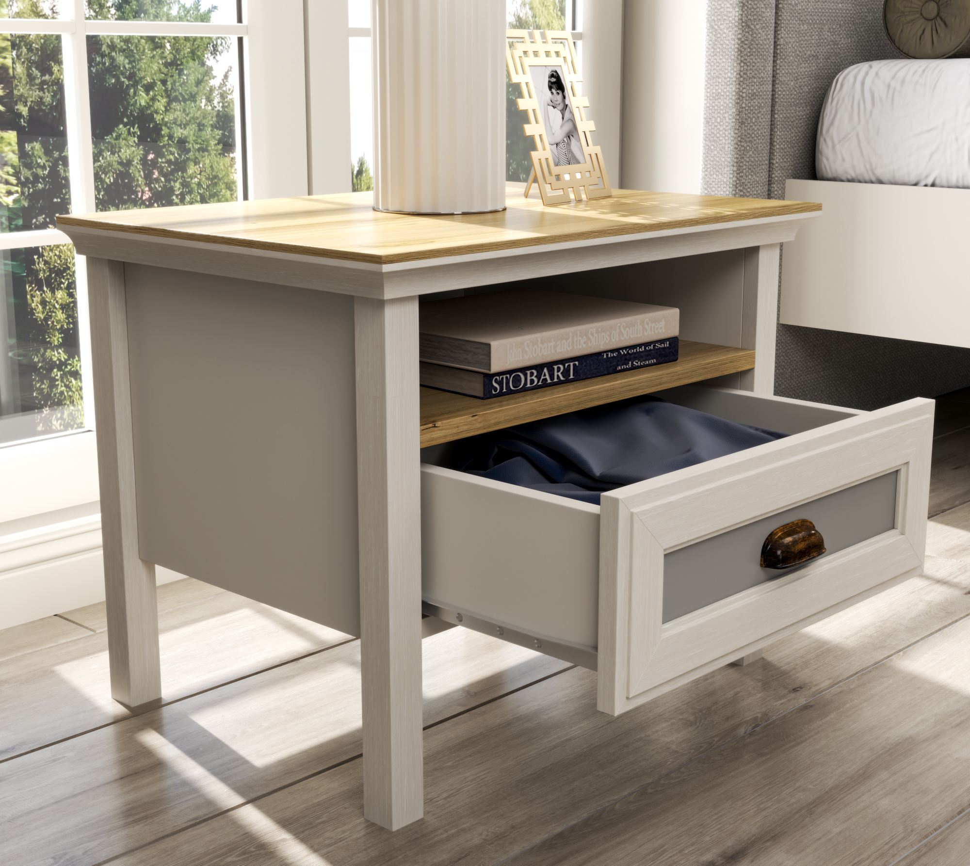 Mesa de Cabeceira Moderna com Múltiplas Prateleiras e Fixação de Parede - Disponível em Carvalho, Creme e Cinzento