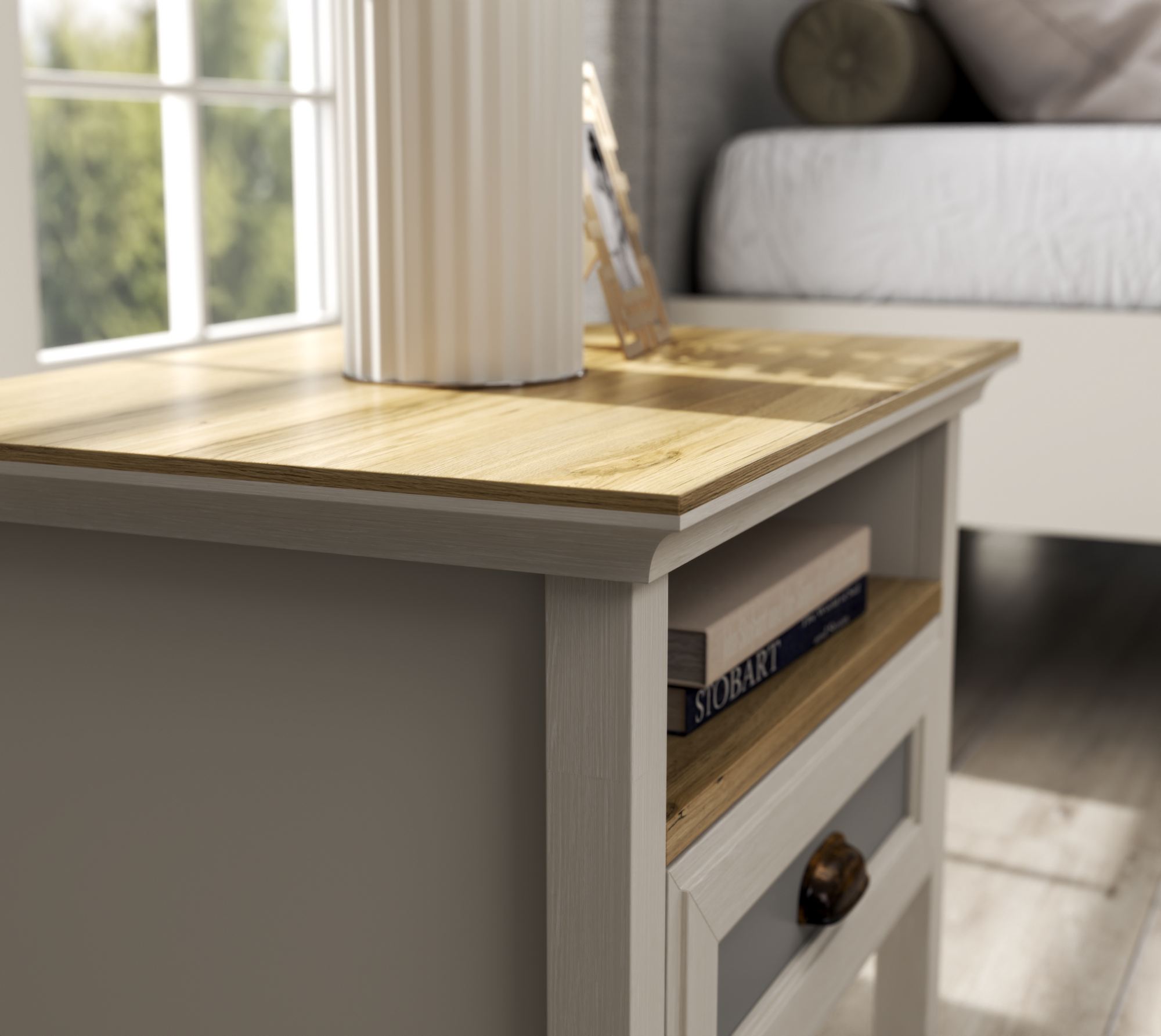 Mesa de Cabeceira Moderna com Múltiplas Prateleiras e Fixação de Parede - Disponível em Carvalho, Creme e Cinzento