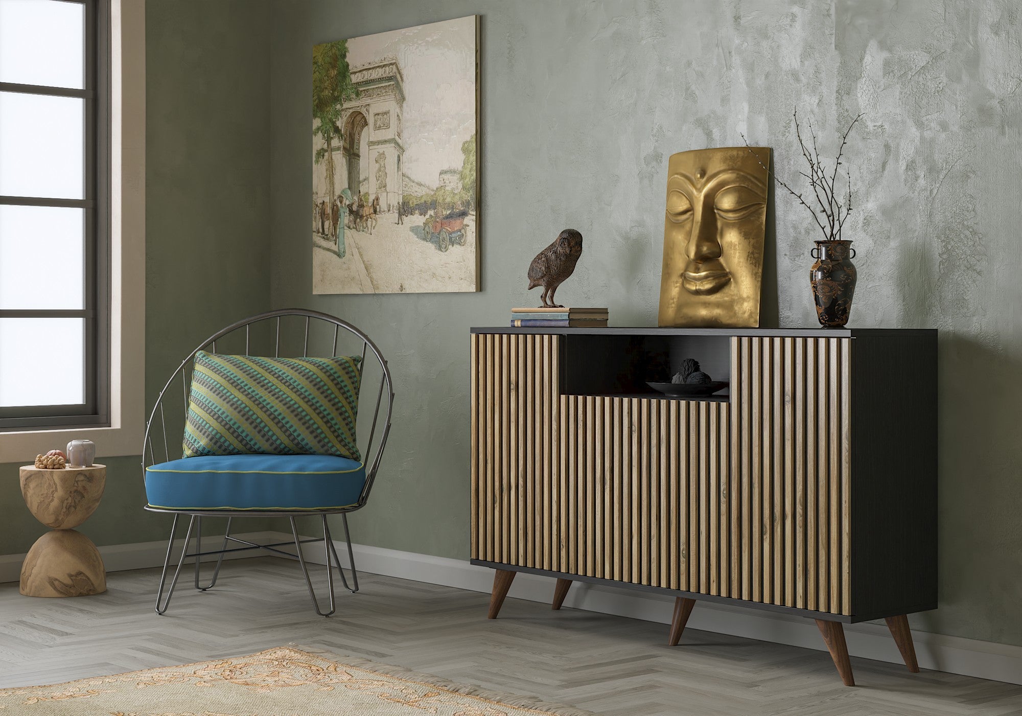 Aparador – 140 cm de Largura, 91 cm de Altura, 35 cm de Profundidade – Preto e Pinho Atlântico – Aglomerado e MDF