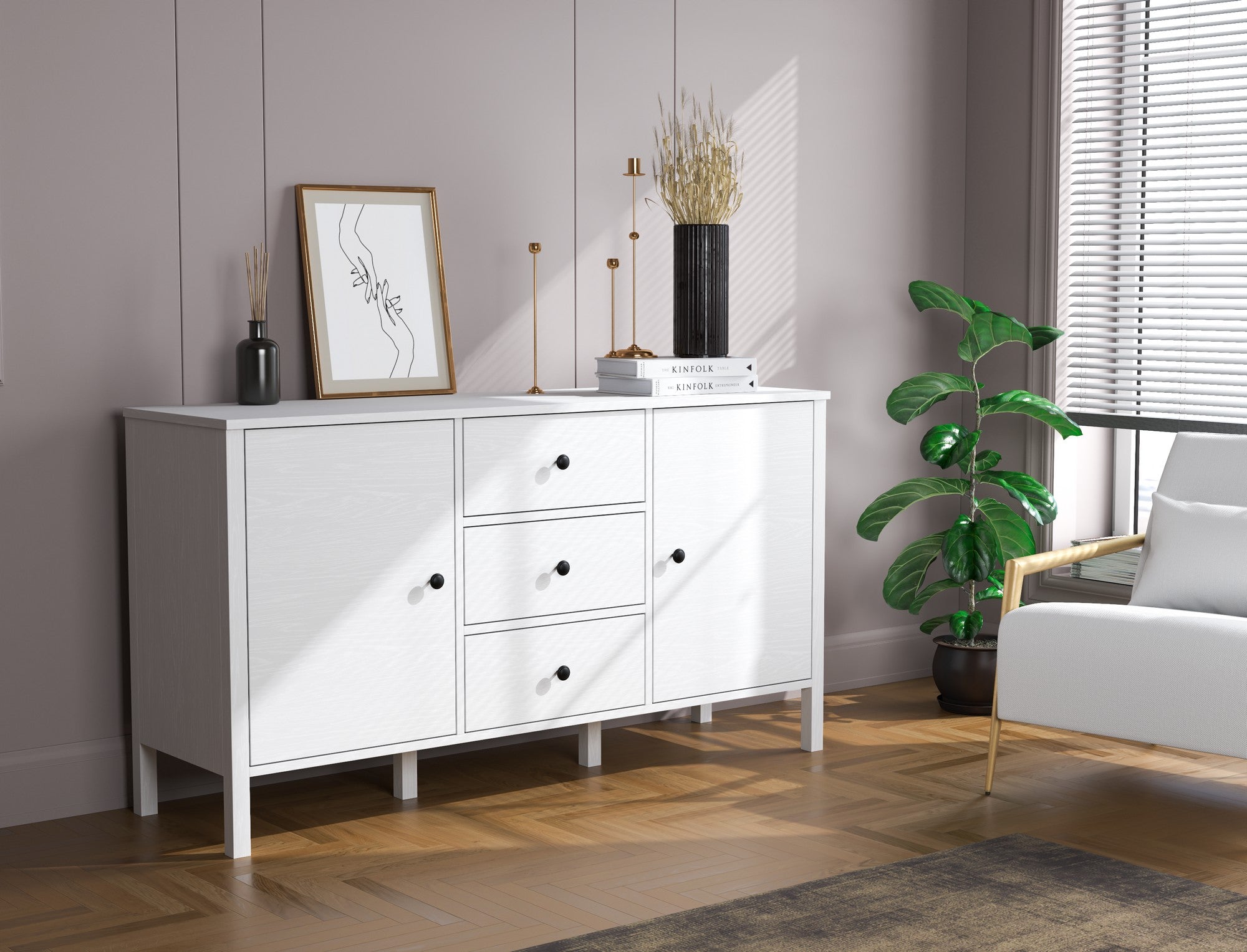Aparador de madeira – 150 cm largura, 82 cm altura, 44 cm profundidade – Branco – Aglomerado revestido de melamina