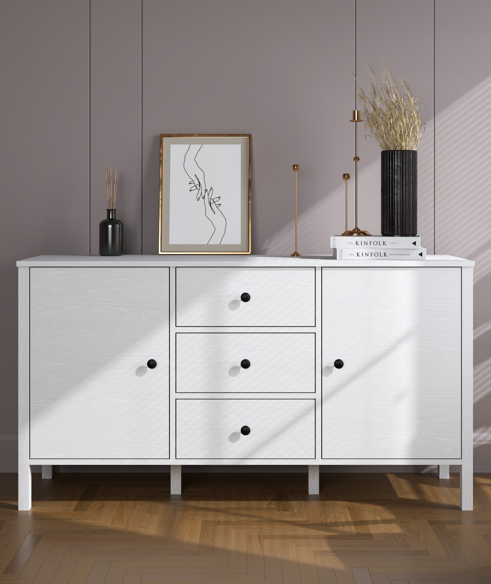 Aparador de madeira – 150 cm largura, 82 cm altura, 44 cm profundidade – Branco – Aglomerado revestido de melamina