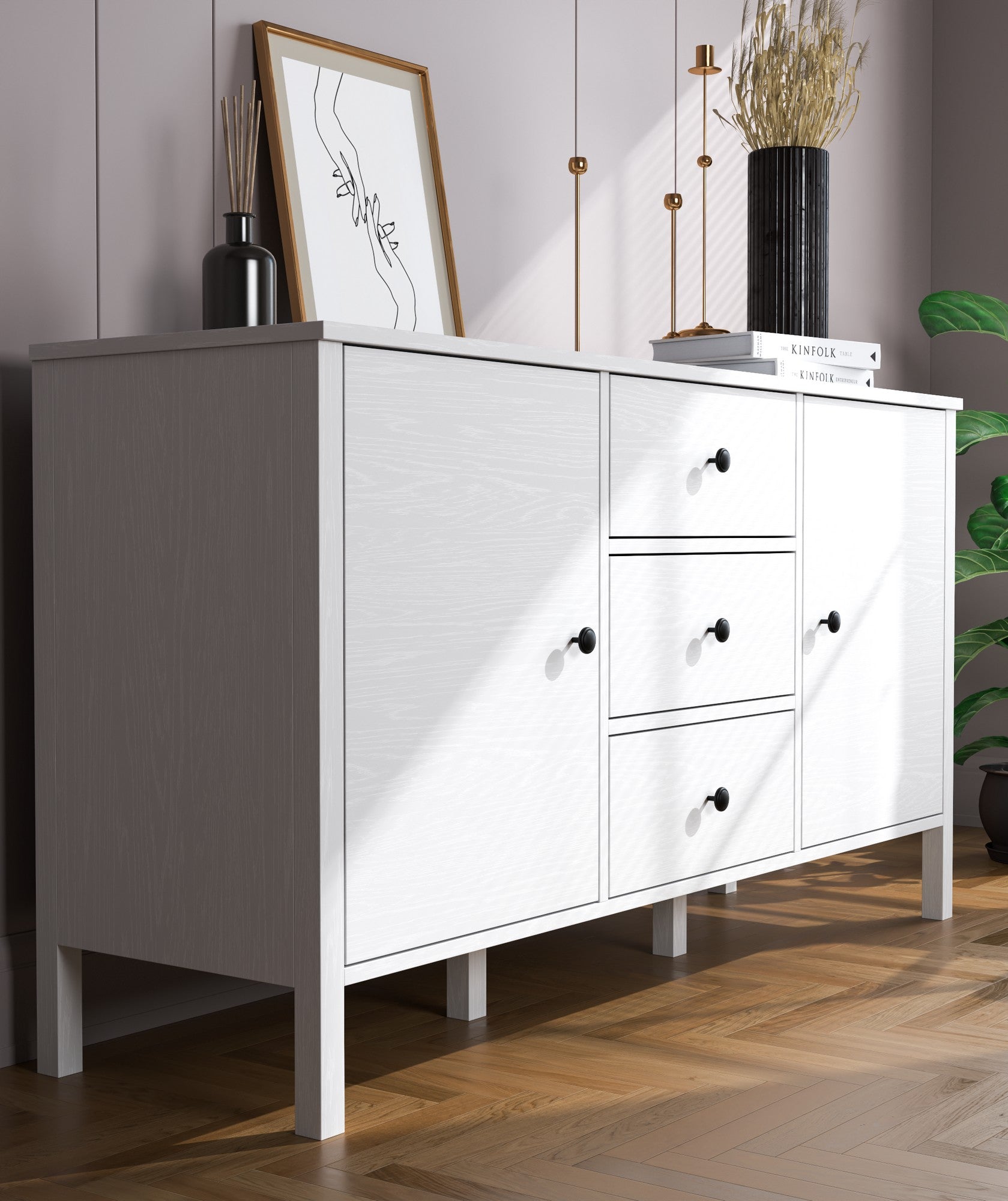 Aparador de madeira – 150 cm largura, 82 cm altura, 44 cm profundidade – Branco – Aglomerado revestido de melamina
