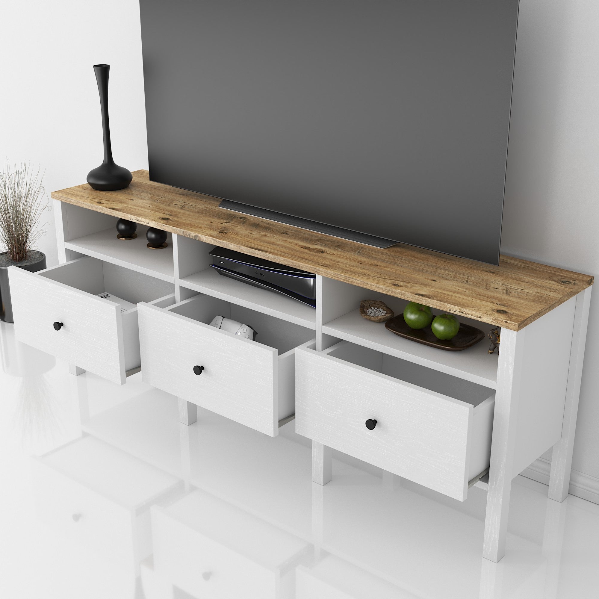 Móvel de TV – 150 cm x 57 cm x 35 cm – Branco e Madeira – MDF
