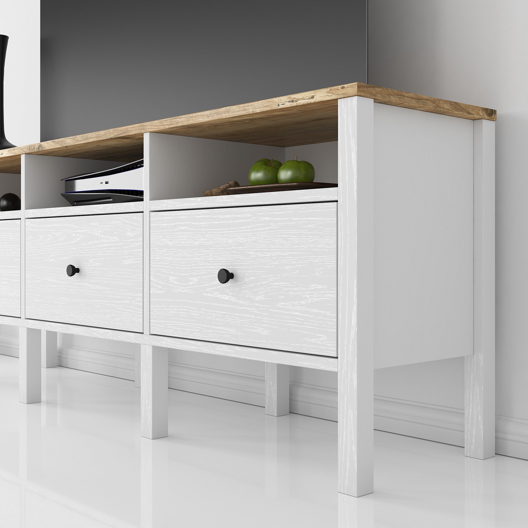 Móvel de TV – 150 cm x 57 cm x 35 cm – Branco e Madeira – MDF