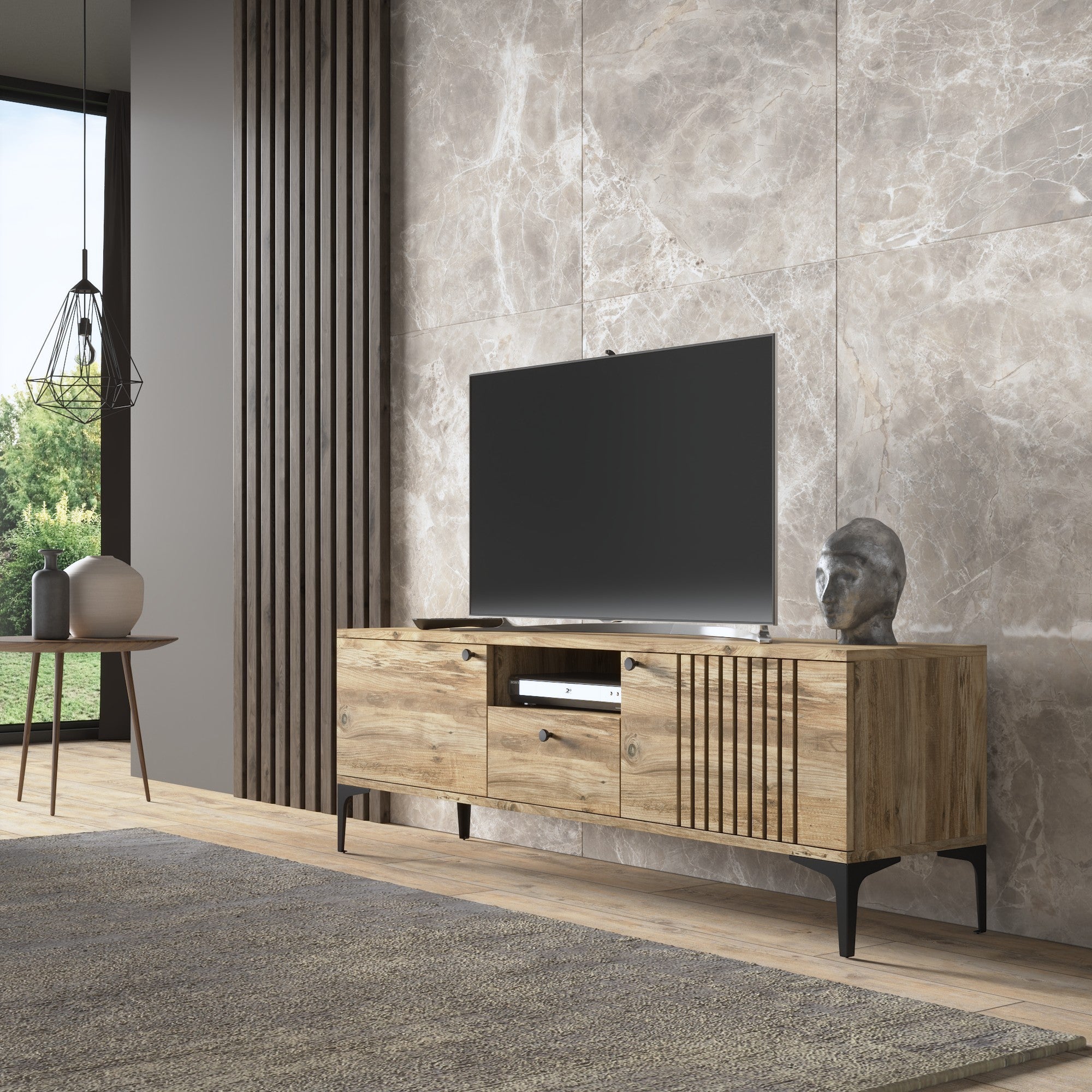 Móvel de TV – 150 cm x 52 cm x 35 cm – Pinheiro Atlântico – Chipboard com pernas de metal